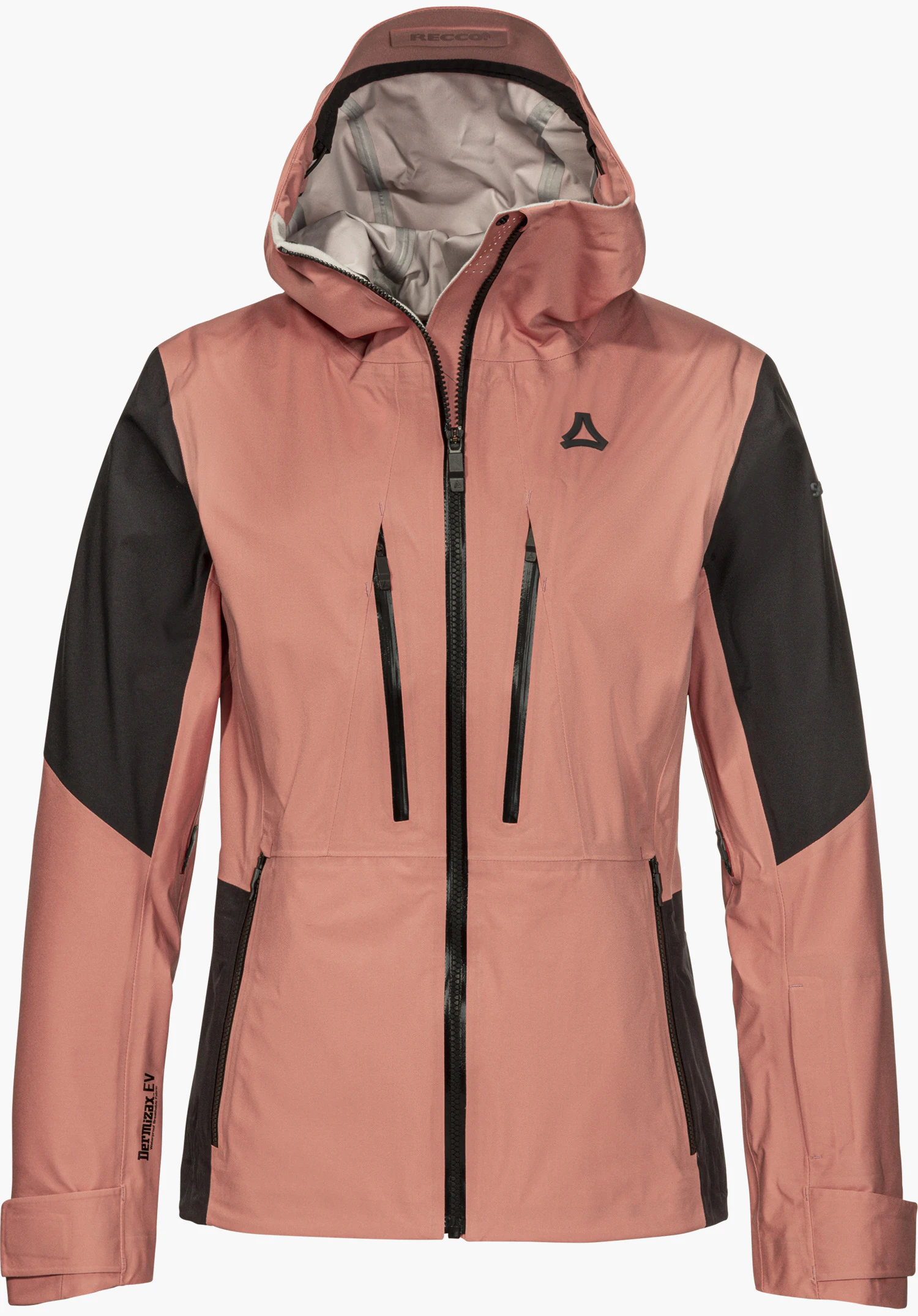 Shell Jk Style Lufeld WMS ski jacket in pink with hood, front zipper and black Schöffel logo, shown from the front and isolated on a white background.