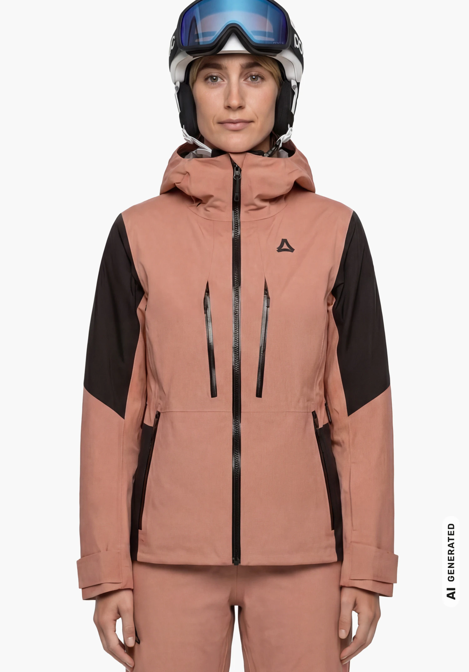 Shell Jk Style Lufeld WMS in pink with Schöffel logo, worn by a female model standing upright and shown from the front with the zipper closed, hood and ski goggles against a white background. (AI-generated)