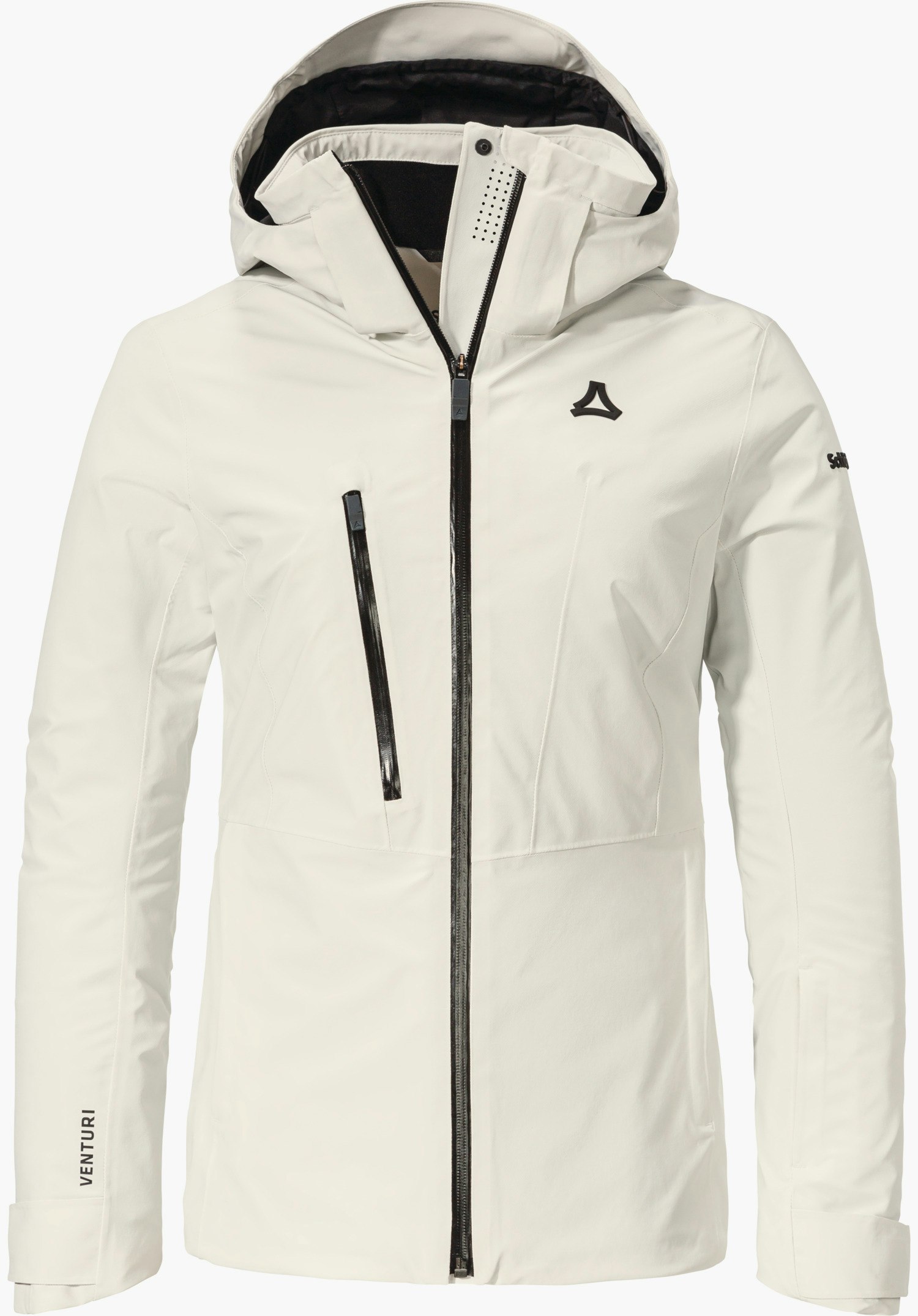 Jacket Style Pontre WMS white ski jacket with hood, front view, black zip closed and slanted chest pocket; Schöffel logo on chest; isolated on a bright background. Text: “VENTURI”, “Schöffel”.