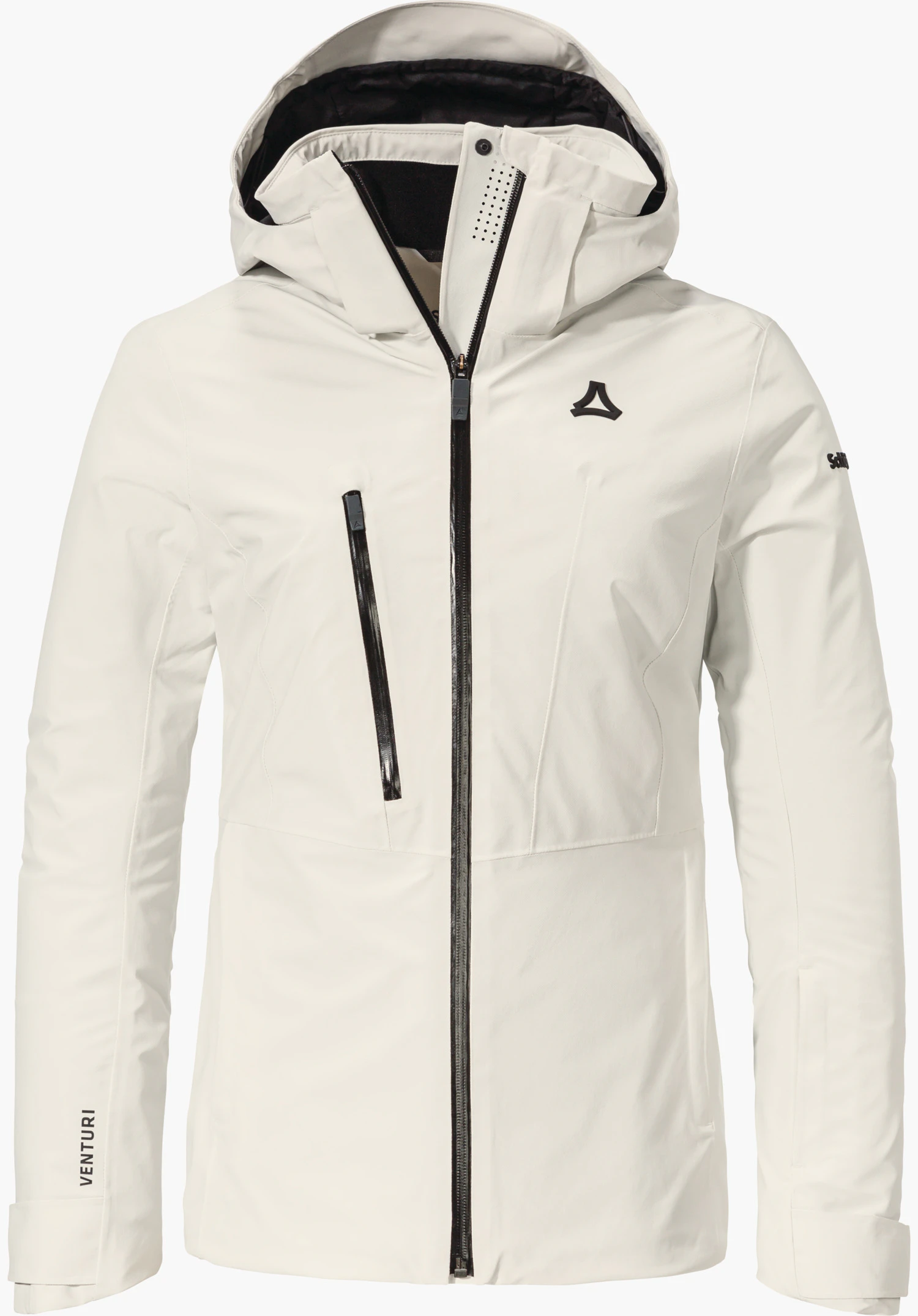 Jacket Style Pontre WMS white ski jacket with hood, front view, black zip closed and slanted chest pocket; Schöffel logo on chest; isolated on a bright background. Text: “VENTURI”, “Schöffel”.