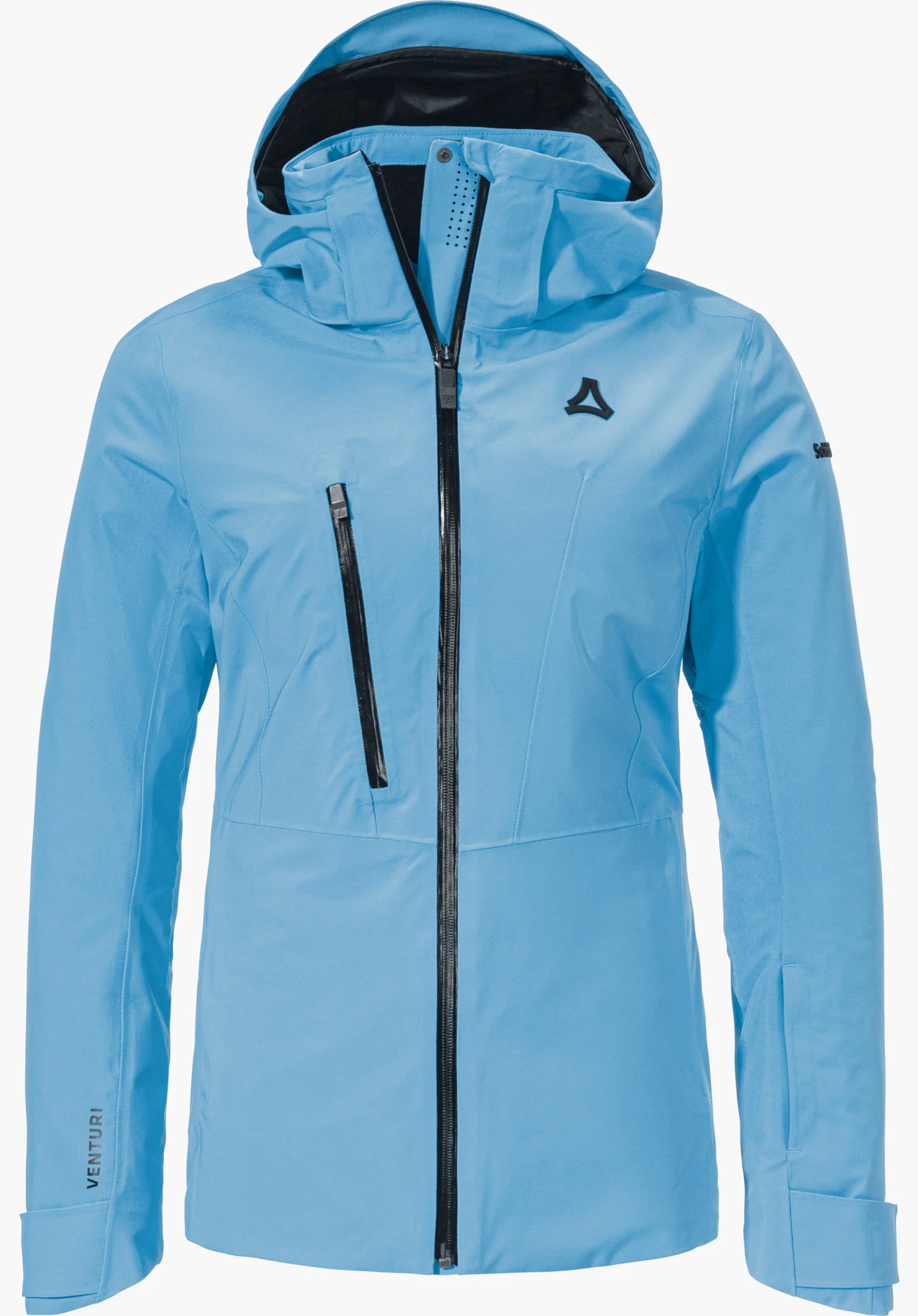 Jacket Style Pontre WMS veste de ski bleu clair avec fermeture éclair noire et capuche, logo Schöffel sur la poitrine, poche zippée, inscription « VENTURI » sur la manche gauche; présentée de face sur fond blanc.