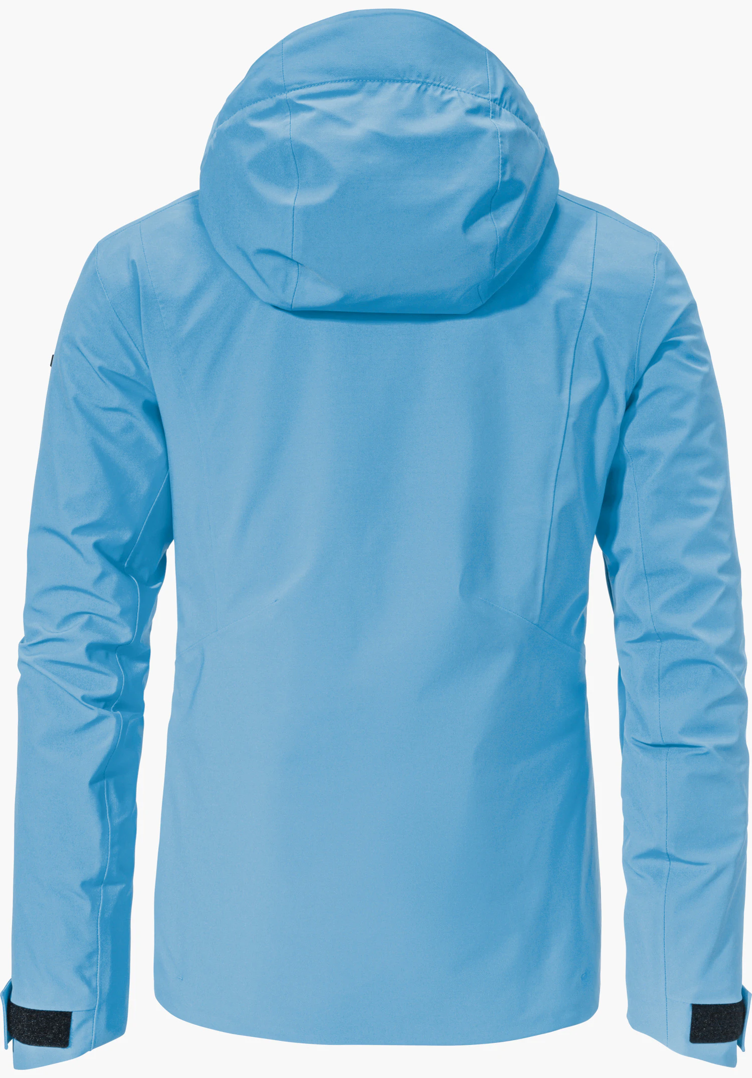 Jacket Style Pontre WMS Veste de ski bleu clair, vue de dos; capuche en place, manches longues avec velcros noirs, surface lisse résistante aux intempéries, fond blanc uni.