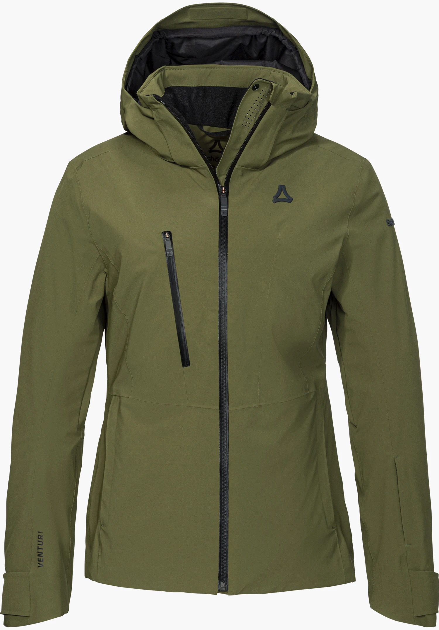 Jacket Style Pontre WMS in green with hood, front zipper and visible Schöffel logo, isolated on a white background.
