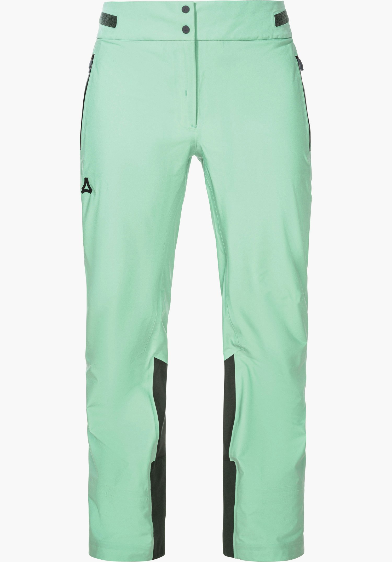 Pants Style Lufeld WMS Lichtgroene skibroek, frontaal afgebeeld, met zwarte inzetten aan de binnenzijde, ritszakken en knoopsluiting; Schöffel-logo op de linker dij, tegen witte achtergrond.