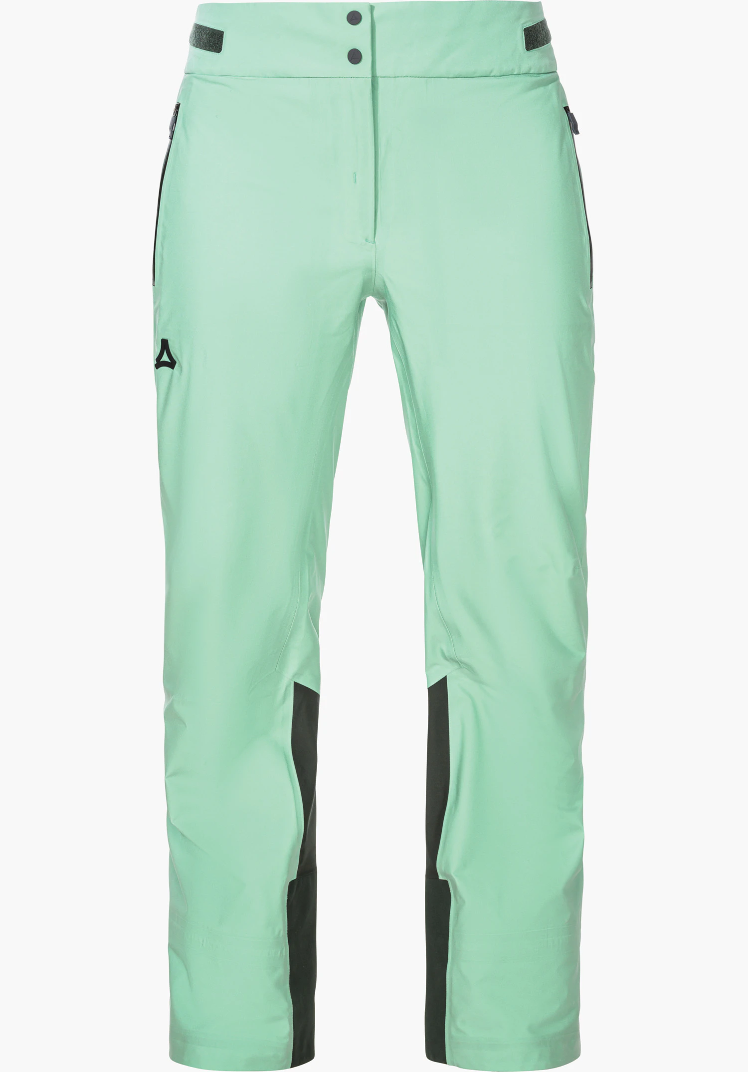 Pants Style Lufeld WMS hellgrüne Skihose, frontal abgebildet, mit schwarzen Besätzen an den Innenseiten, Reißverschlusstaschen und Knopfleiste; Schöffel-Logo auf linkem Oberschenkel, vor weißem Hintergrund.