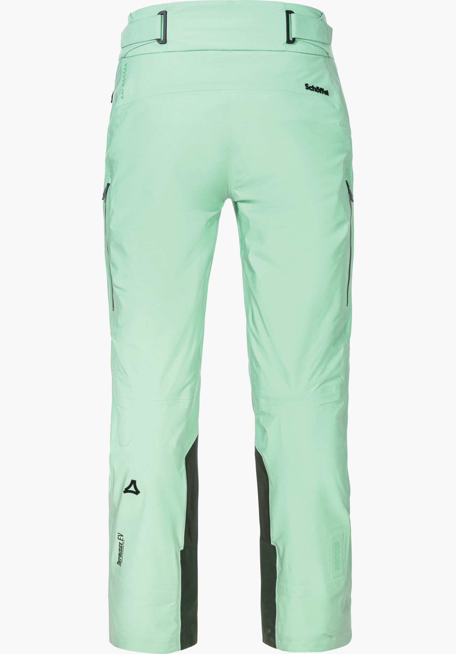 Pants Style Lufeld WMS hellgrüne Skihose, Rückansicht — steht frontal, ruhend vor weißem Hintergrund; Beininnenseiten dunkelgrau; Schöffel-Logo sichtbar; Text: "Schöffel", "Dermizax EV", "RECCO".