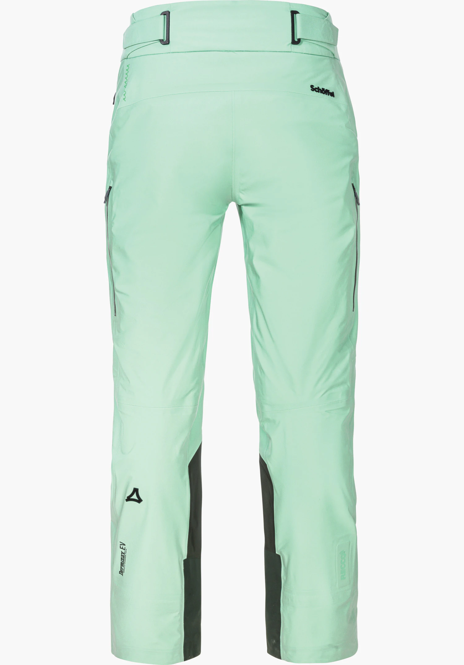 Pants Style Lufeld WMS hellgrüne Skihose, Rückansicht steht frontal, ruhend vor weißem Hintergrund; Beininnenseiten dunkelgrau; Schöffel-Logo sichtbar; Text: "Schöffel", "Dermizax EV", "RECCO".