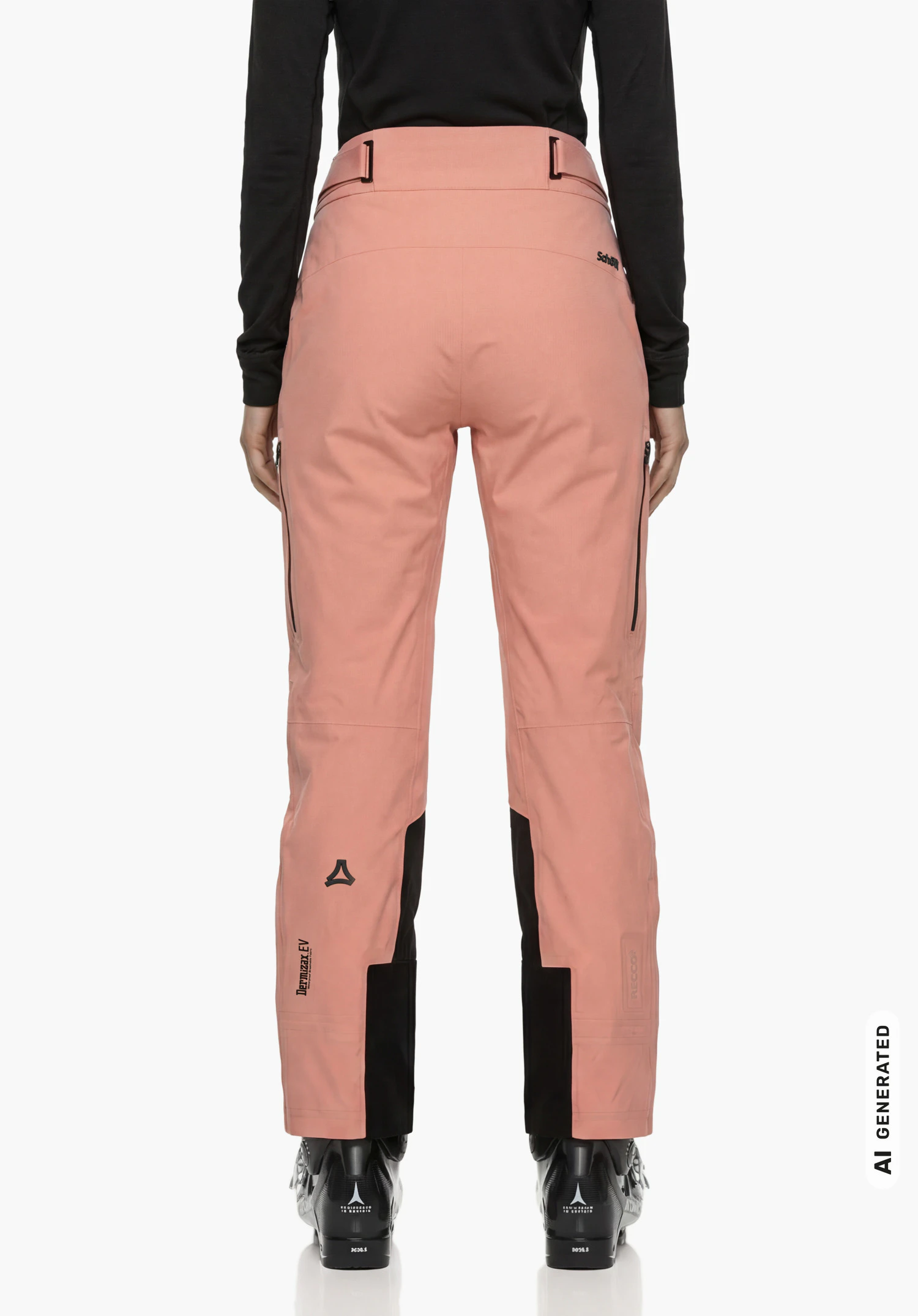 Pants Style Lufeld WMS in roze, gedragen door een vrouwelijk model dat rechtop staat en van achteren wordt getoond met skischoenen en Schöffel-opschrift op de heup tegen een witte achtergrond. (AI-gegenereerd)
