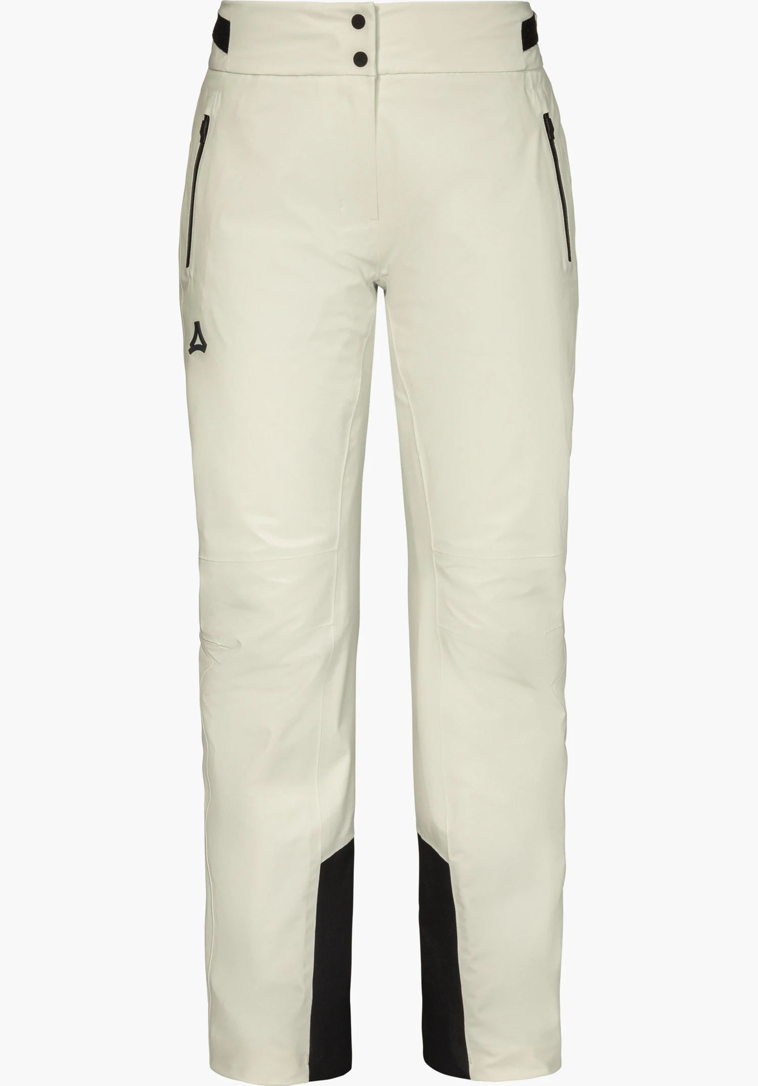 Pants Style Skayra WMS ski trousers in natural colour, shown from the front with side zippered pockets and a subtle Schöffel logo on the right leg, isolated on a white background.