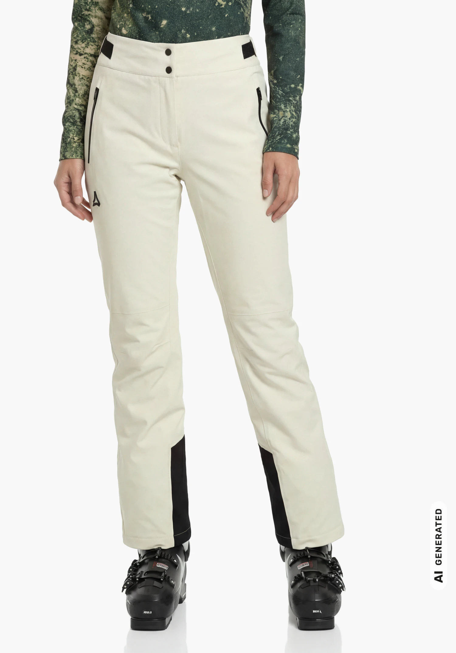 Pants Style Skayra WMS in natural colour with Schöffel logo on the front, worn by a female model standing upright and shown from the front with arms hanging down against a white background. (AI-generated)