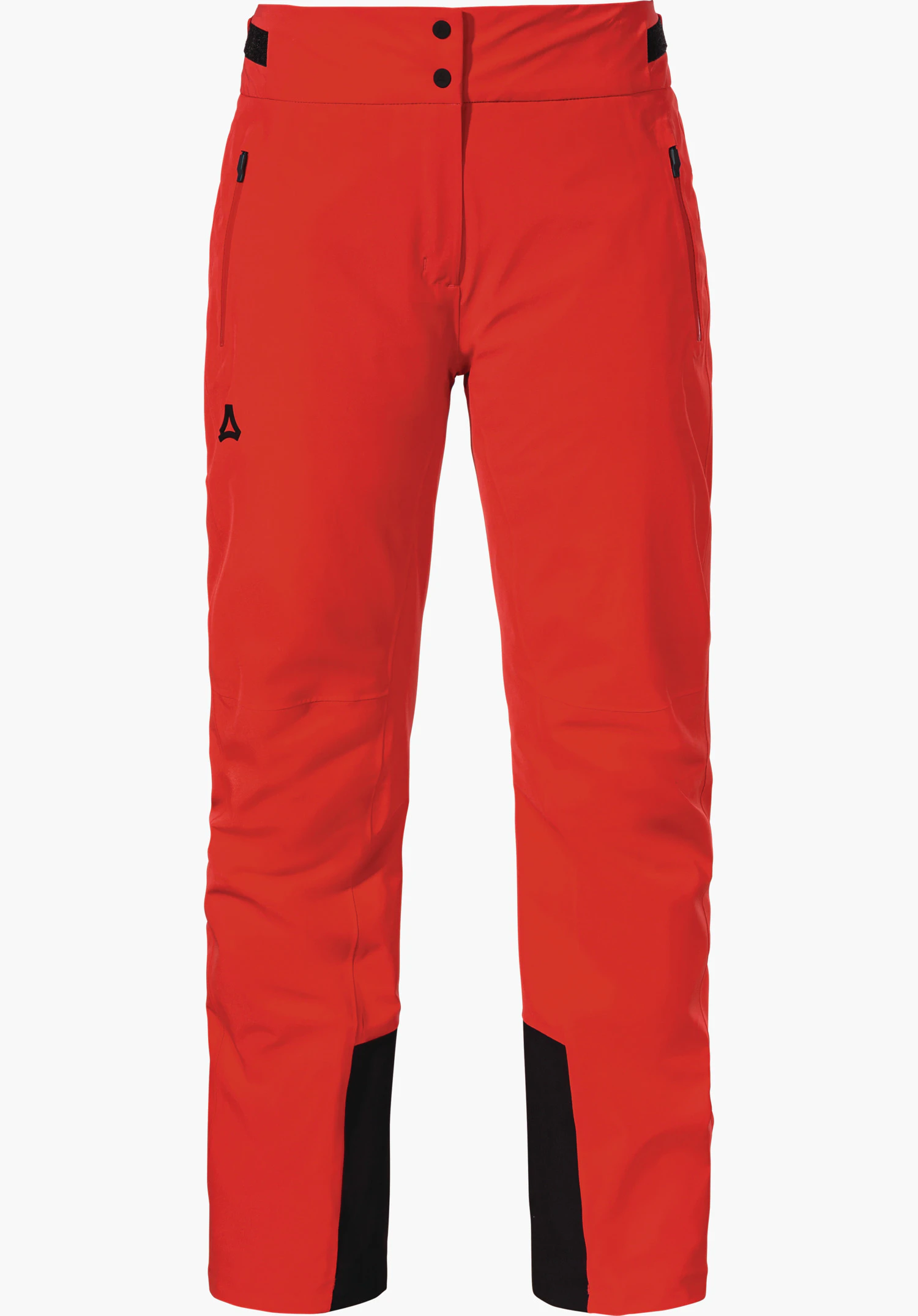 Pants Style Skayra WMS pantalon de ski rouge avec renfort noir au bas des jambes, logo Schöffel sur la cuisse gauche, deux poches zippées et ceinture à boutons-pression; présenté de face sur fond blanc.