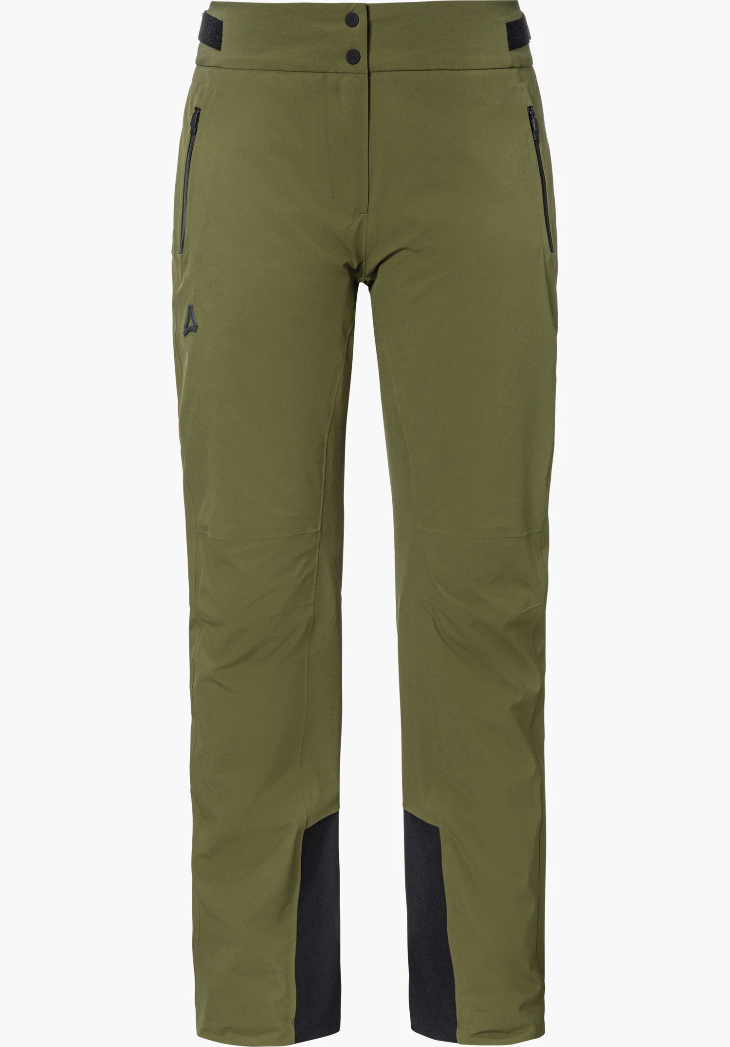 Pants Style Skayra WMS pantalon de ski vert vu de face avec poches latérales zippées et logo Schöffel discret sur la jambe droite, détouré sur fond blanc.