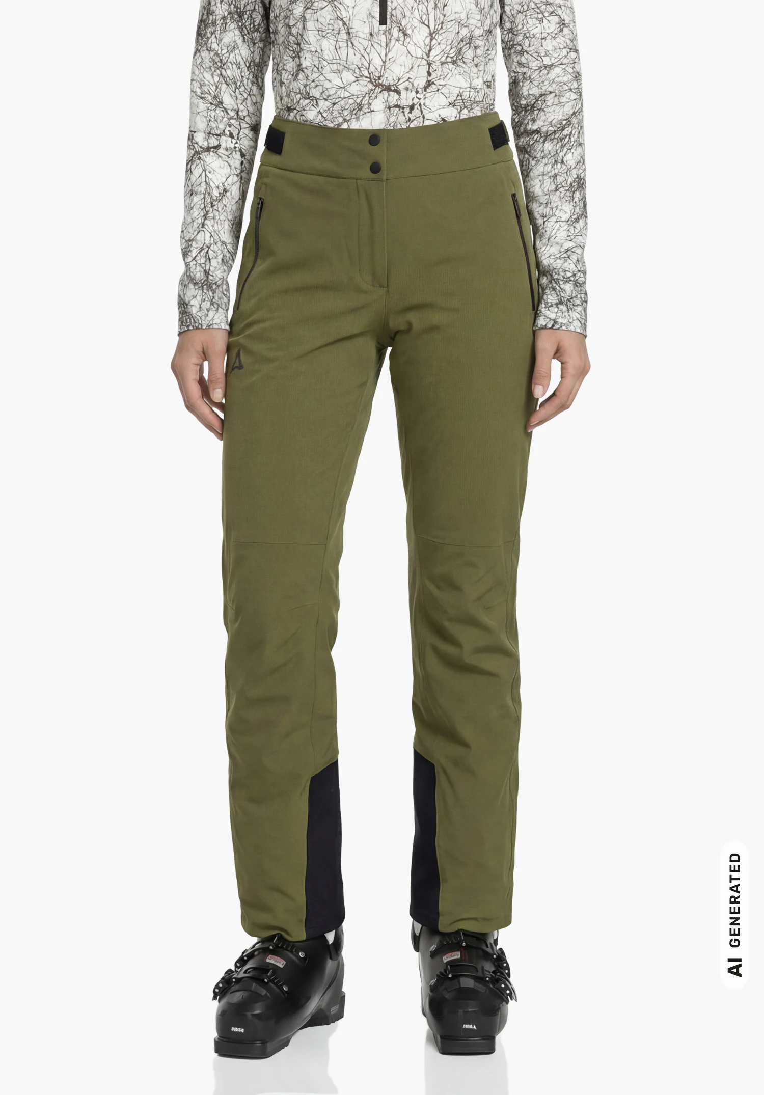 Pants Style Skayra WMS in green, worn by a female model shown from the front with relaxed arms and ski boots against a white background. (AI-generated)