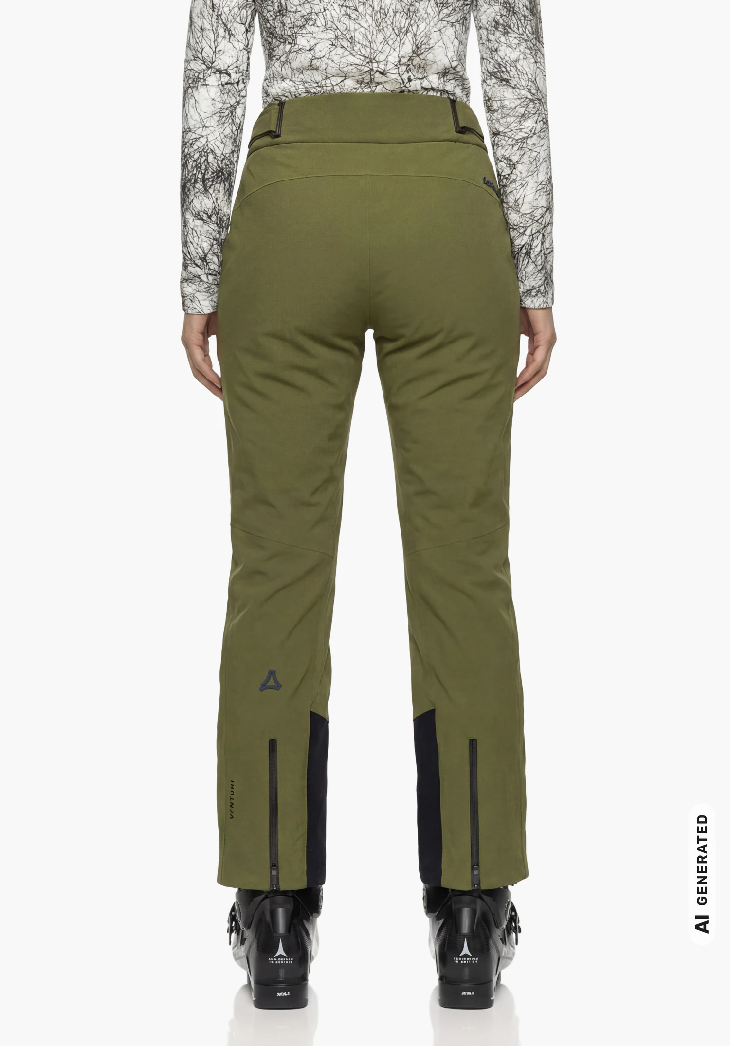Pants Style Skayra WMS in groen, gedragen door een vrouwelijk model dat van achteren wordt getoond met skischoenen en de armen langs het lichaam tegen een witte achtergrond. (AI-gegenereerd)