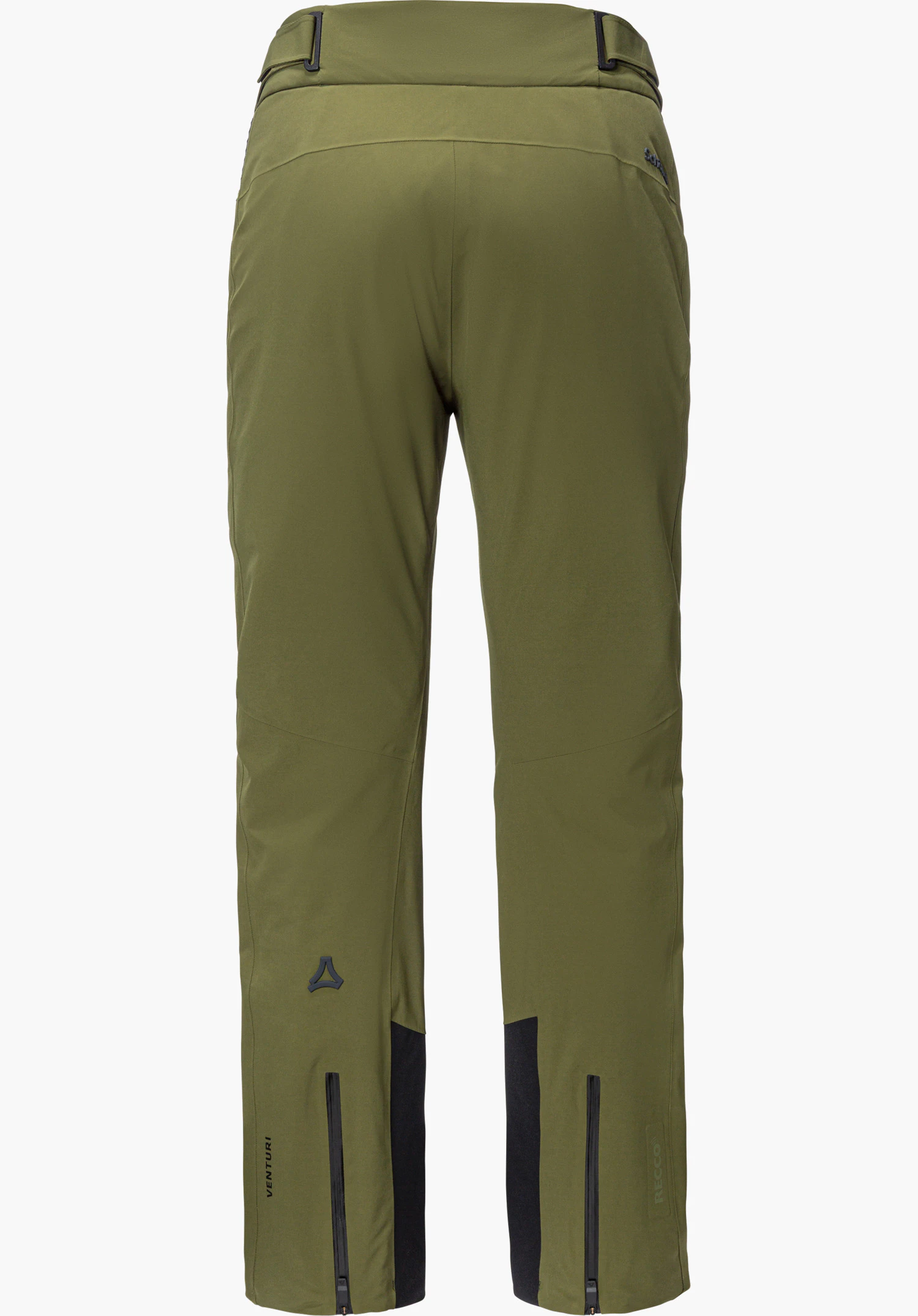 Pants Style Skayra WMS in de kleur groen in achteraanzicht met details op de tailleband en het Schöffel-logo vrijstaand voor een witte achtergrond.