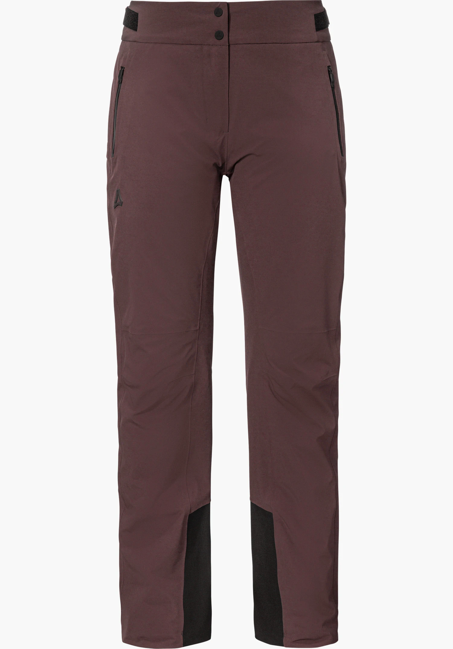 Pants Style Skayra WMS pantalon de ski violet avec poches zippées et logo Schöffel noir, vu de face et détouré sur fond blanc.