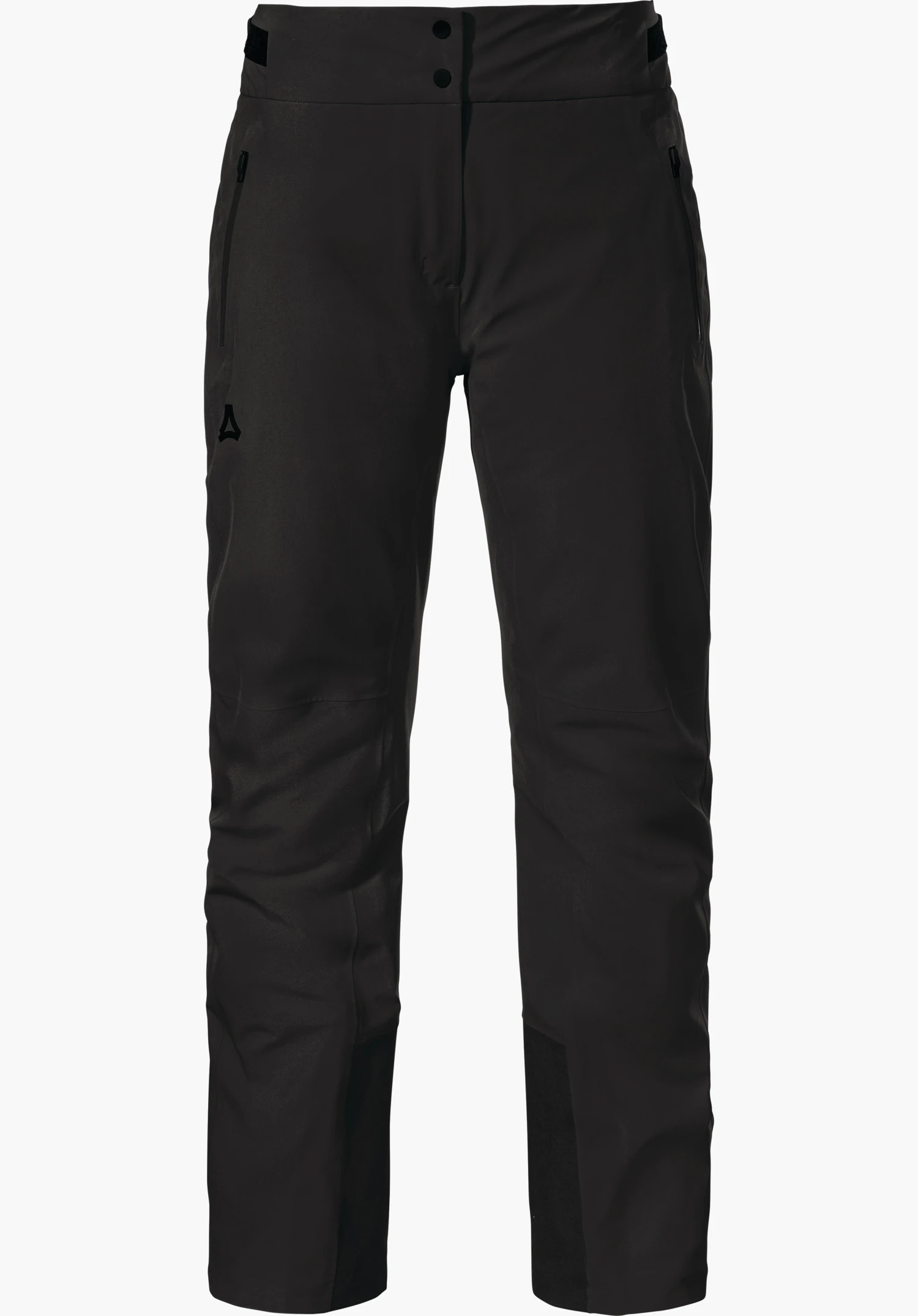 Pants Style Skayra WMS black ski trousers, front view; zip pockets on thighs, adjustable waistband with press studs, reinforced inner hems, Schöffel logo on left side; neutral white background.