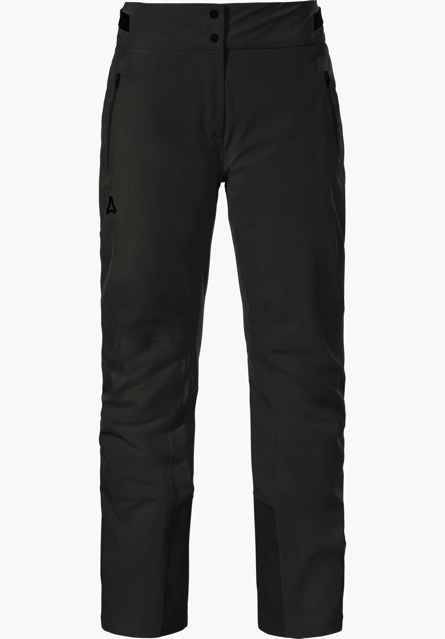 Pants Style Skayra WMS Zwarte skibroek, frontaal gepresenteerd; ritszakken op de dijen, verstelbare tailleband met drukknopen, verstevigde binnenzomen, Schöffel-logo links; neutrale witte achtergrond.