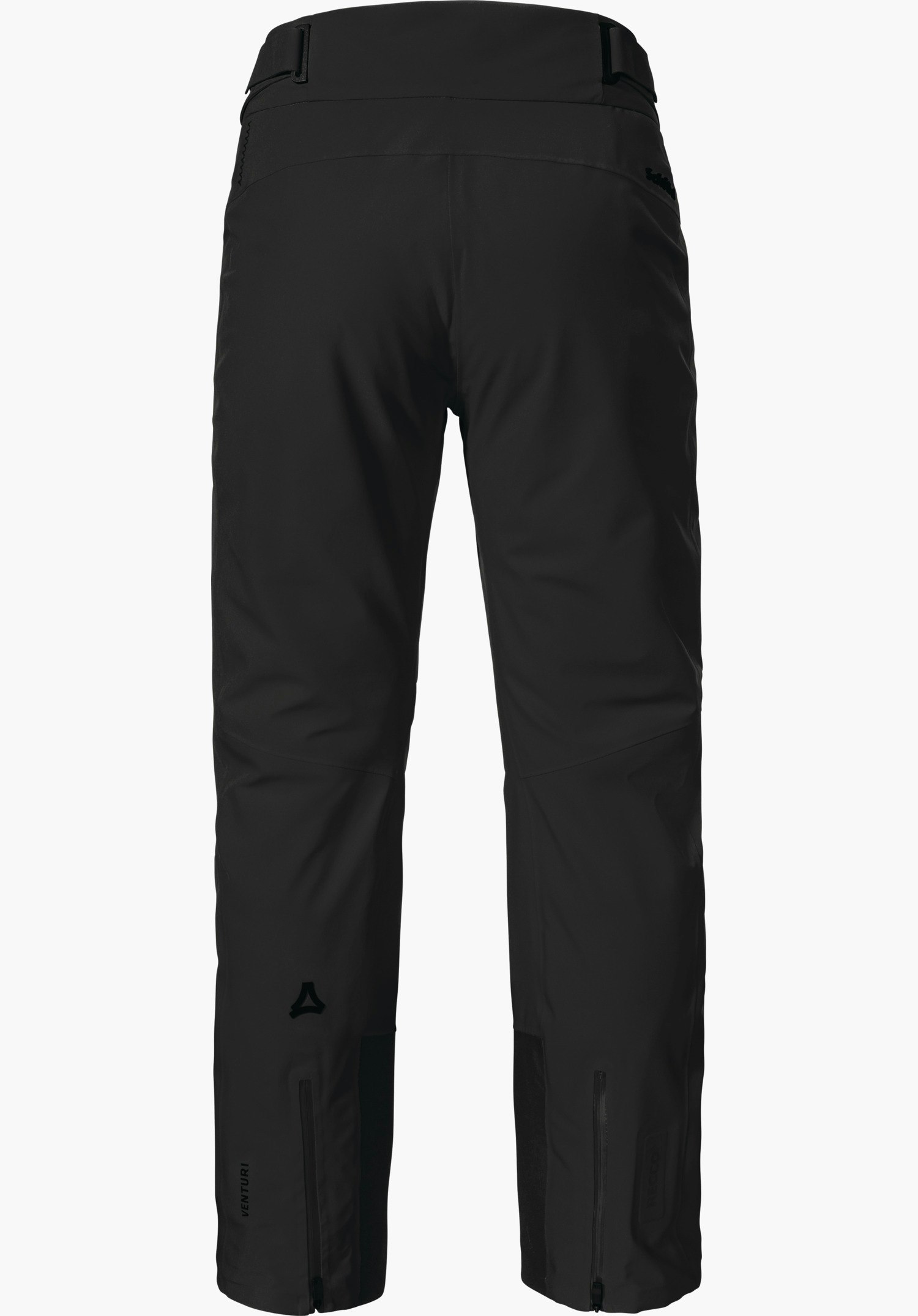 Pants Style Skayra WMS Zwarte skibroek, van achteren; hangend; Schöffel-logo op het been, ritsen aan de zomen; witte achtergrond. Tekst: Schöffel, VENTURI, RECCO.