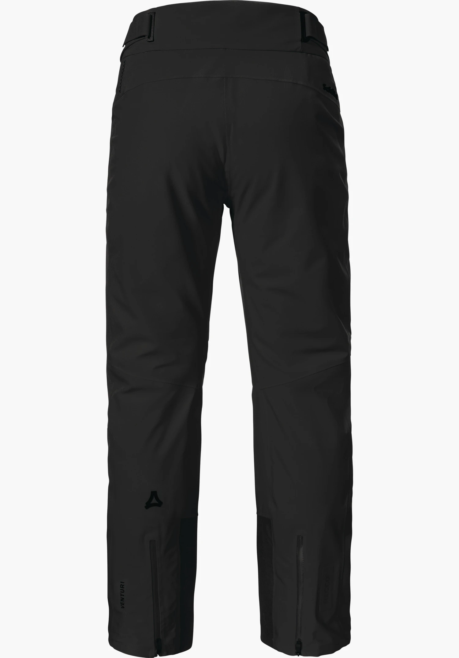 Pants Style Skayra WMS Zwarte skibroek, van achteren; hangend; Schöffel-logo op het been, ritsen aan de zomen; witte achtergrond. Tekst: Schöffel, VENTURI, RECCO.
