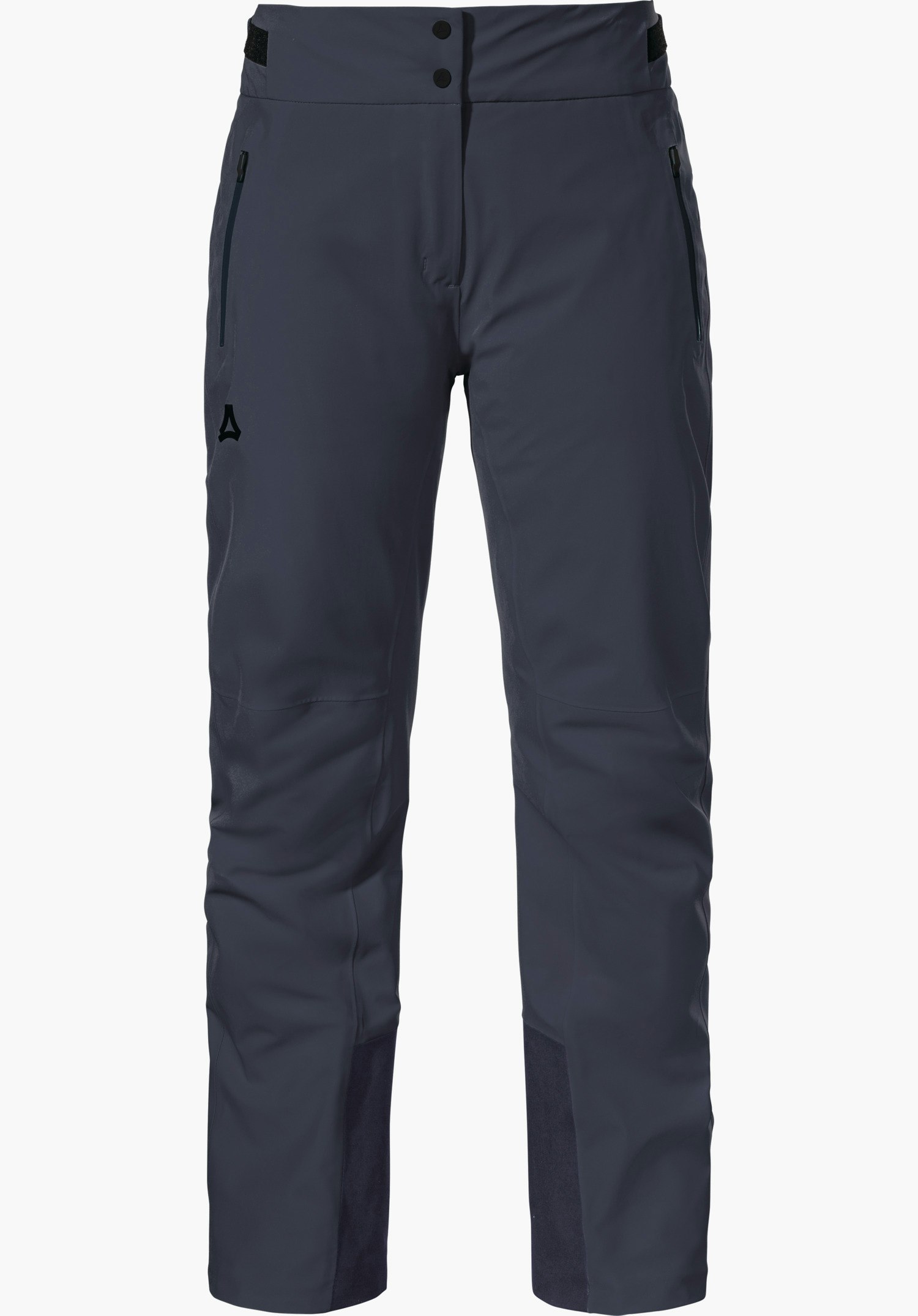 Pants Style Skayra WMS Donkerblauwe skibroek, frontaal afgebeeld, met twee ritszakken, kniestukken en verstevigde binnenzomen; linker pijp met Schöffel-logo; witte achtergrond.
