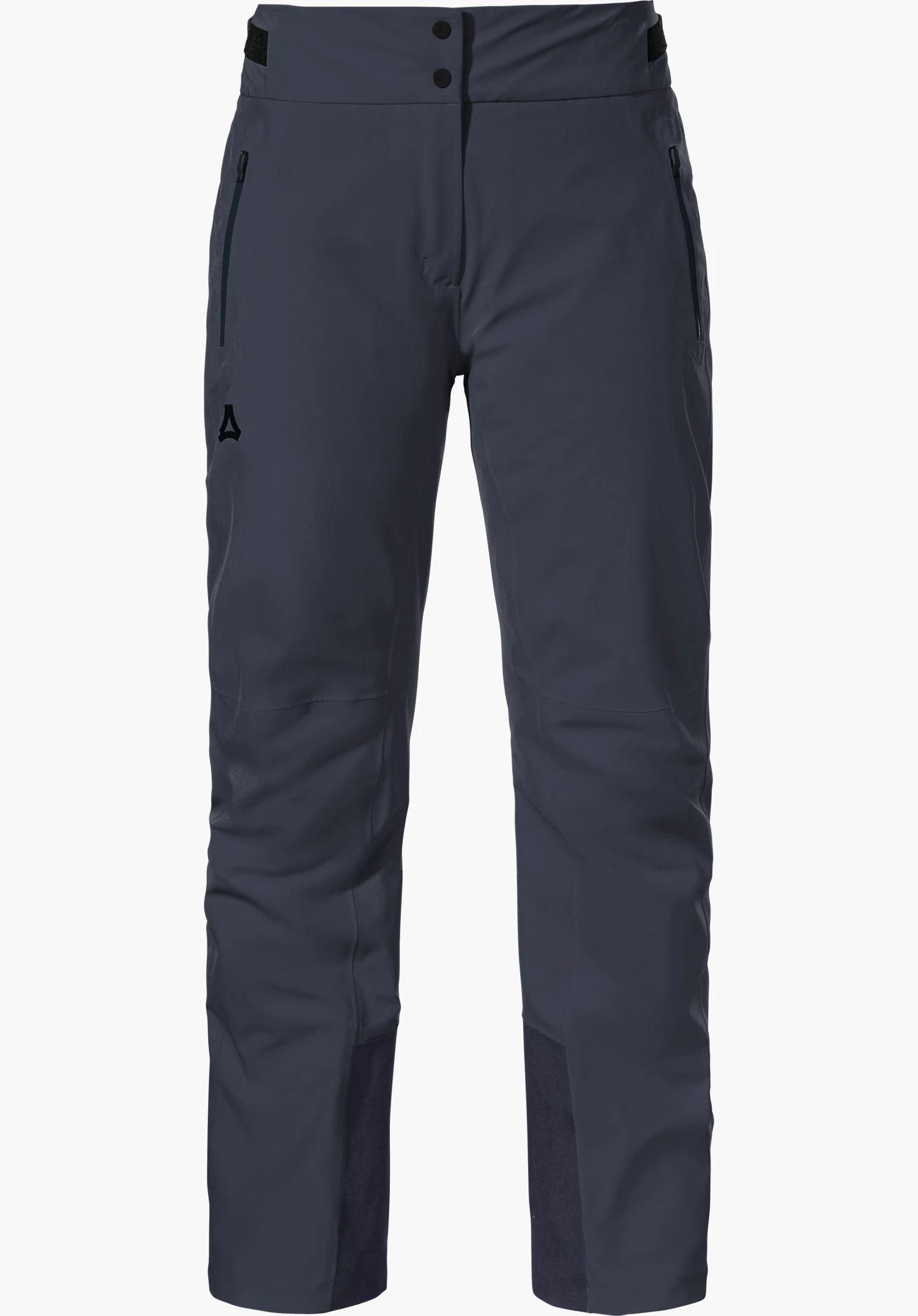 Pants Style Skayra WMS Dunkelblaue Skihose, frontal abgebildet, mit zwei Reißverschlusstaschen, Knieabnähern und verstärkten Sauminnenseiten; linkes Bein mit Schöffel-Logo; weißer Hintergrund.
