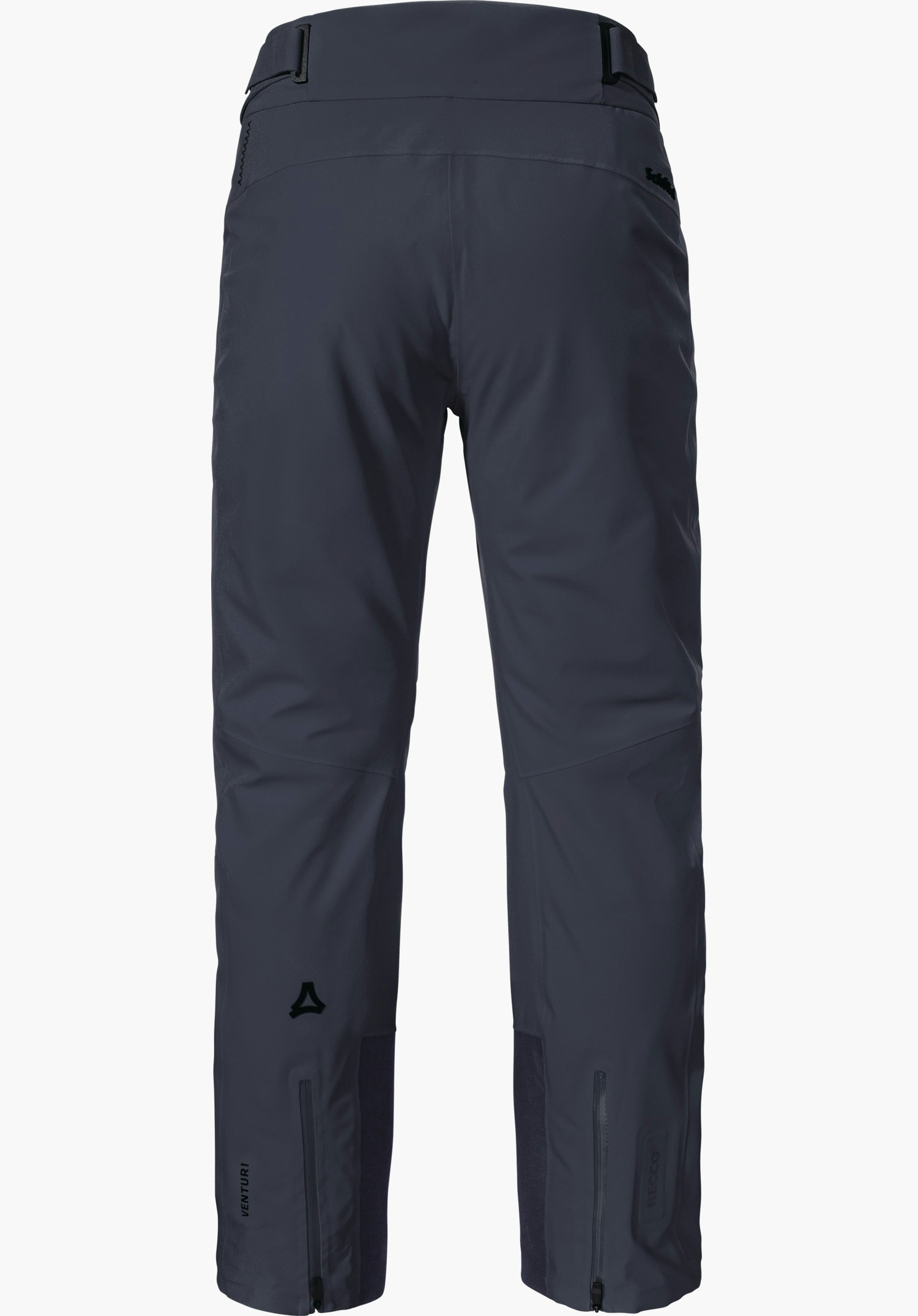 Pants Style Skayra WMS Donkerblauwe skibroek, achteraanzicht; witte achtergrond; rechte pijpen met enkelritsen; zwart (driehoekig) Schöffel-logo op linker onderbeen. Tekst: “VENTURI”, “RECCO”, “Schöffel”.
