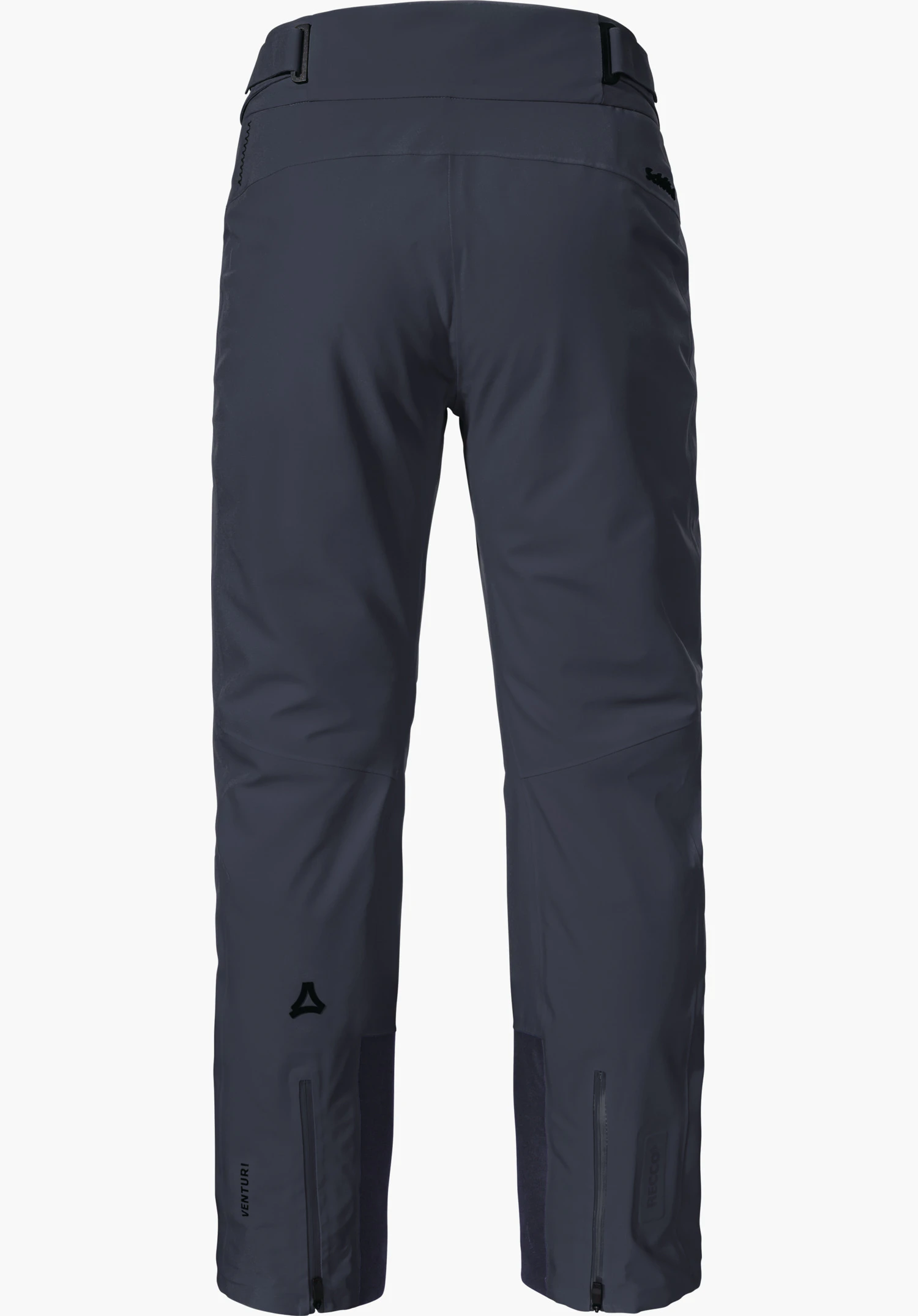 Pants Style Skayra WMS dunkelblaue Skihose, Rückansicht; steht auf weißem Hintergrund, gerade Hosenbeine mit Knöchelreißverschlüssen, Schöffel-Logo (dreieckig) schwarz am linken Unterschenkel. Text: "VENTURI", "RECCO", "Schöffel".
