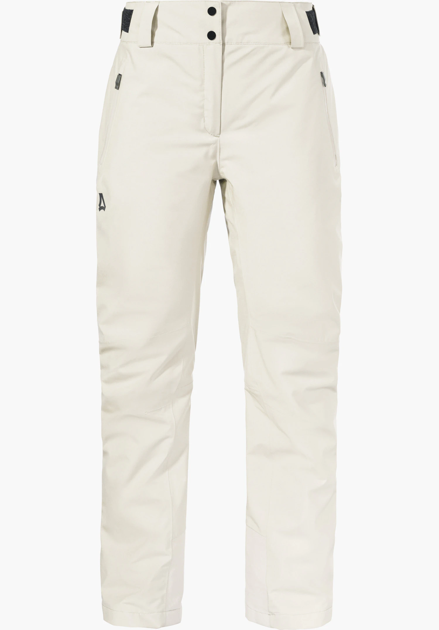 Pants Style Pine WMS Witte skibroek, frontaal afgebeeld, met twee tailleknopen, ritszakken en Schöffel-logo op de linker dij; tegen witte achtergrond.