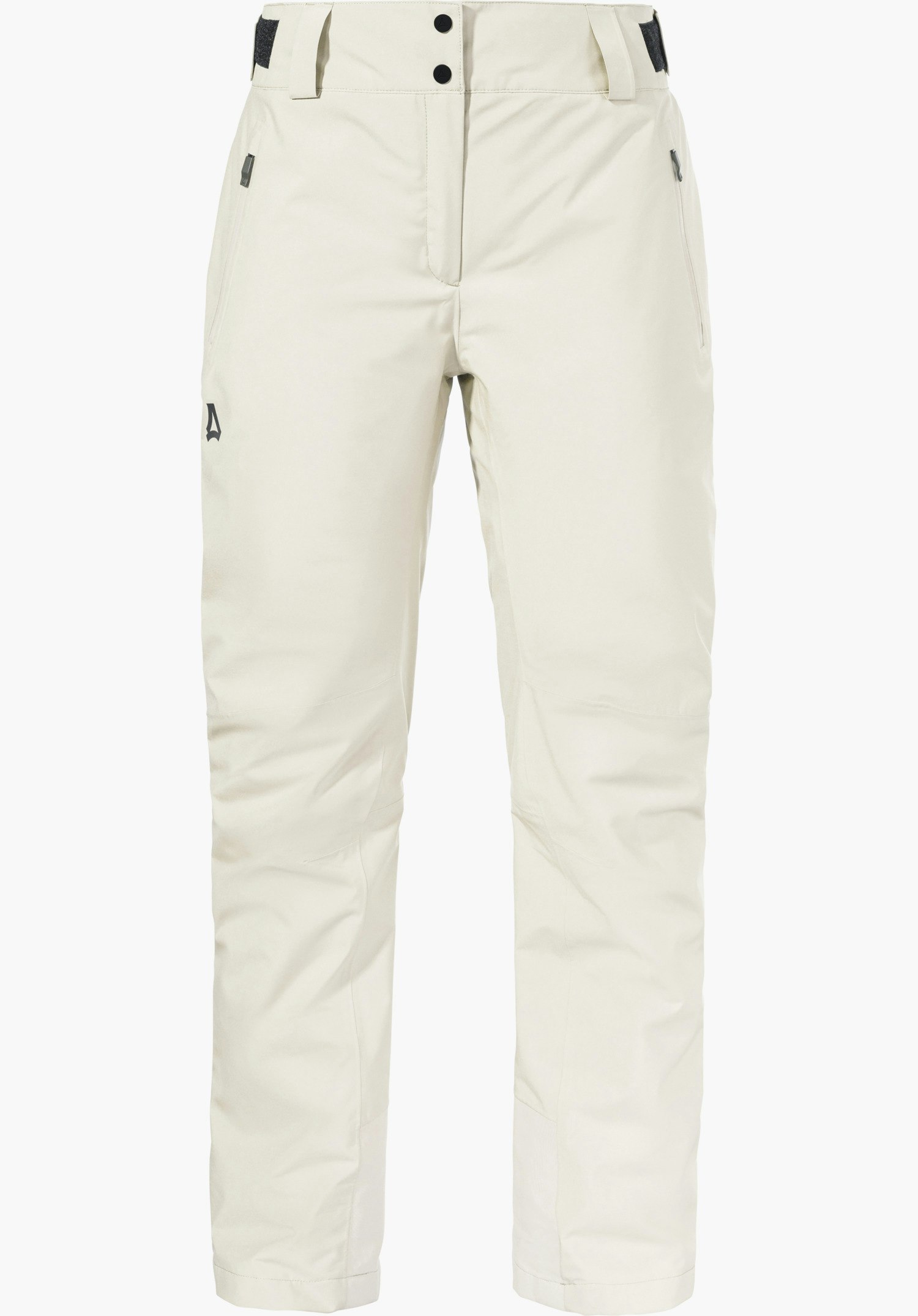 Pants Style Pine WMS pantalon de ski blanc, présenté de face, avec deux boutons à la taille, poches zippées et logo Schöffel sur la cuisse gauche; sur fond blanc.