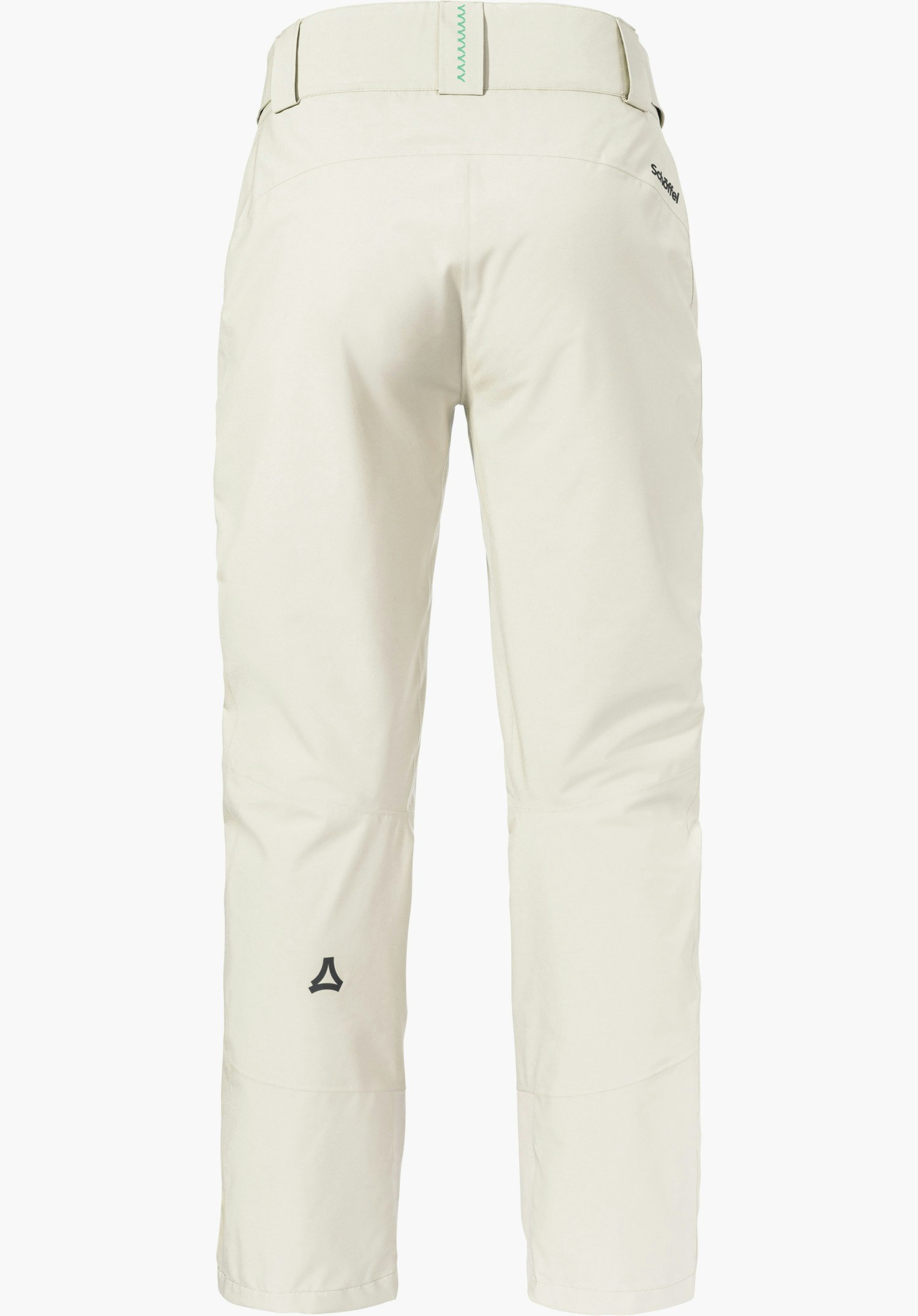 Pants Style Pine WMS pantalon de ski blanc clair, vue arrière sur fond clair neutre; logo Schöffel sur le mollet gauche et inscription "Schöffel" à la taille.