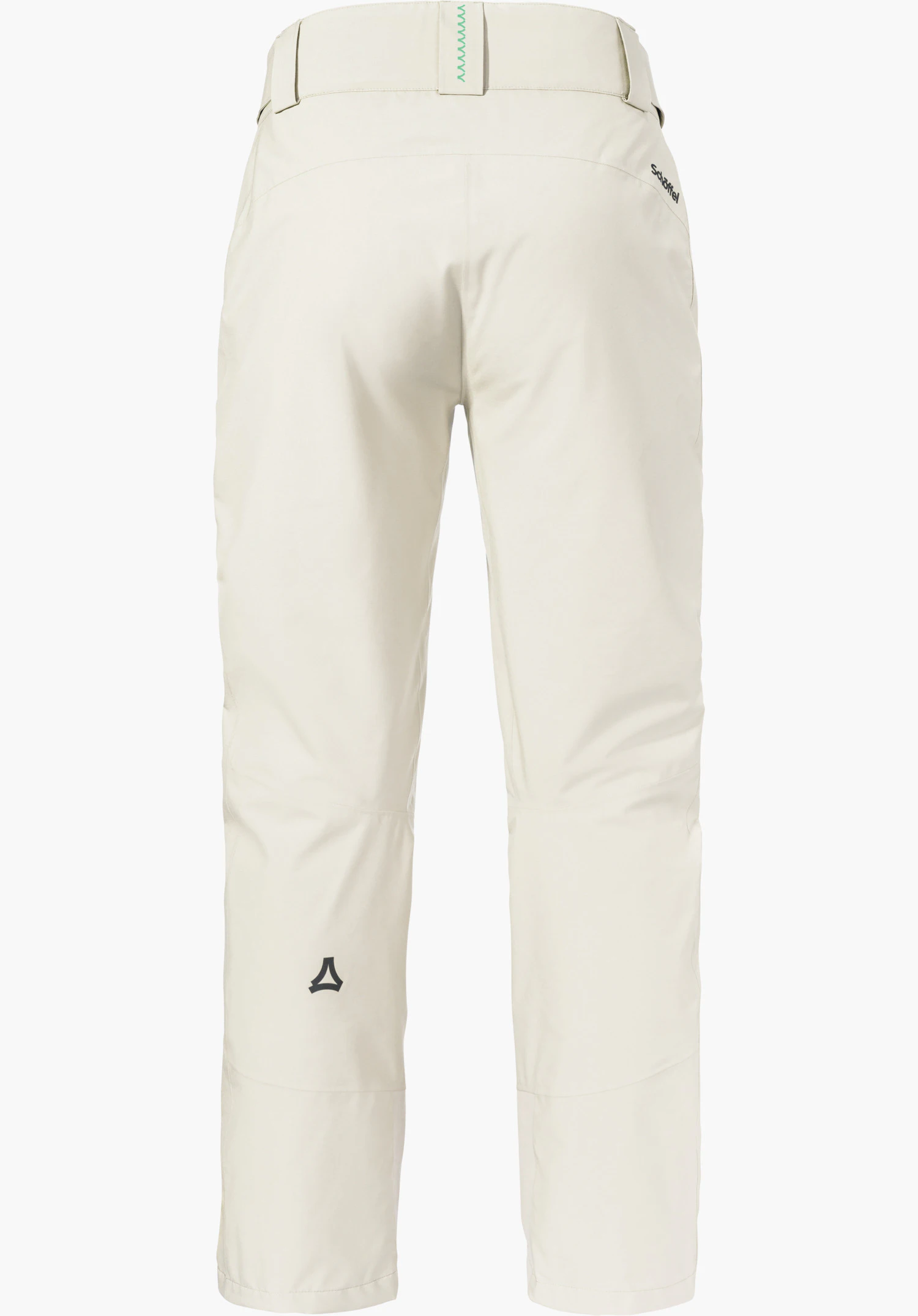 Pants Style Pine WMS Skibroek, achteraanzicht op neutrale lichte achtergrond; lichtwit, met Schöffel-logo op de linker kuit en opschrift “Schöffel” aan de tailleband.