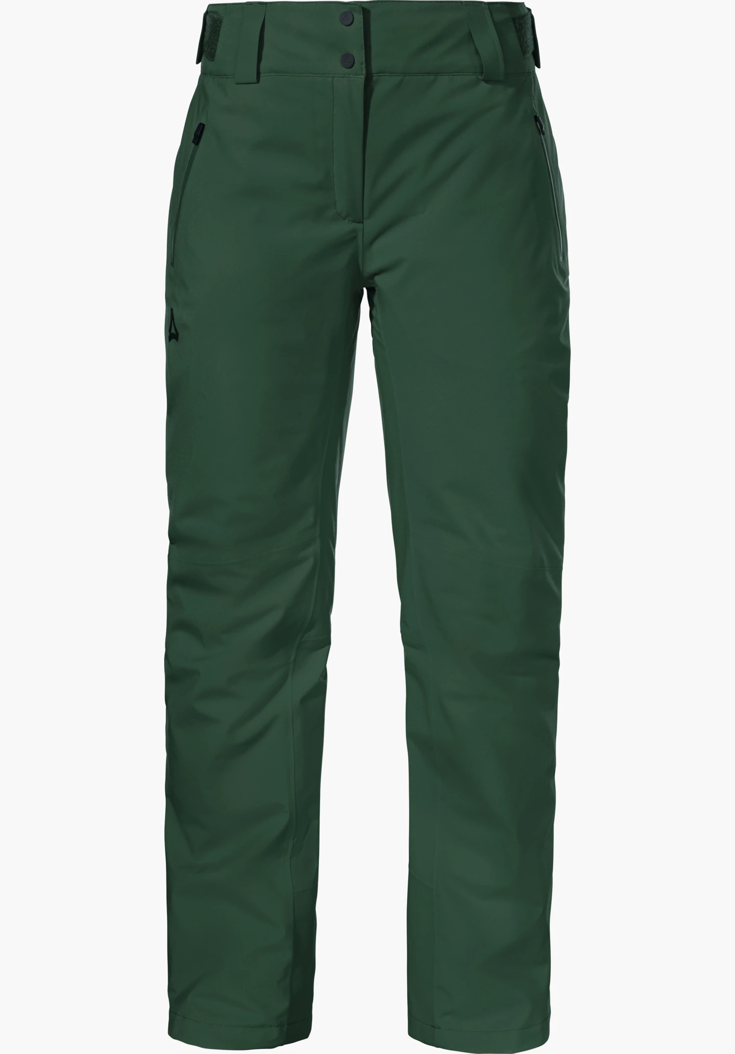 Pants Style Pine WMS dark green ski trousers, front view, with two zip pockets, shaped waistband and hook-and-loop adjustment; white background; Schöffel logo on left thigh.