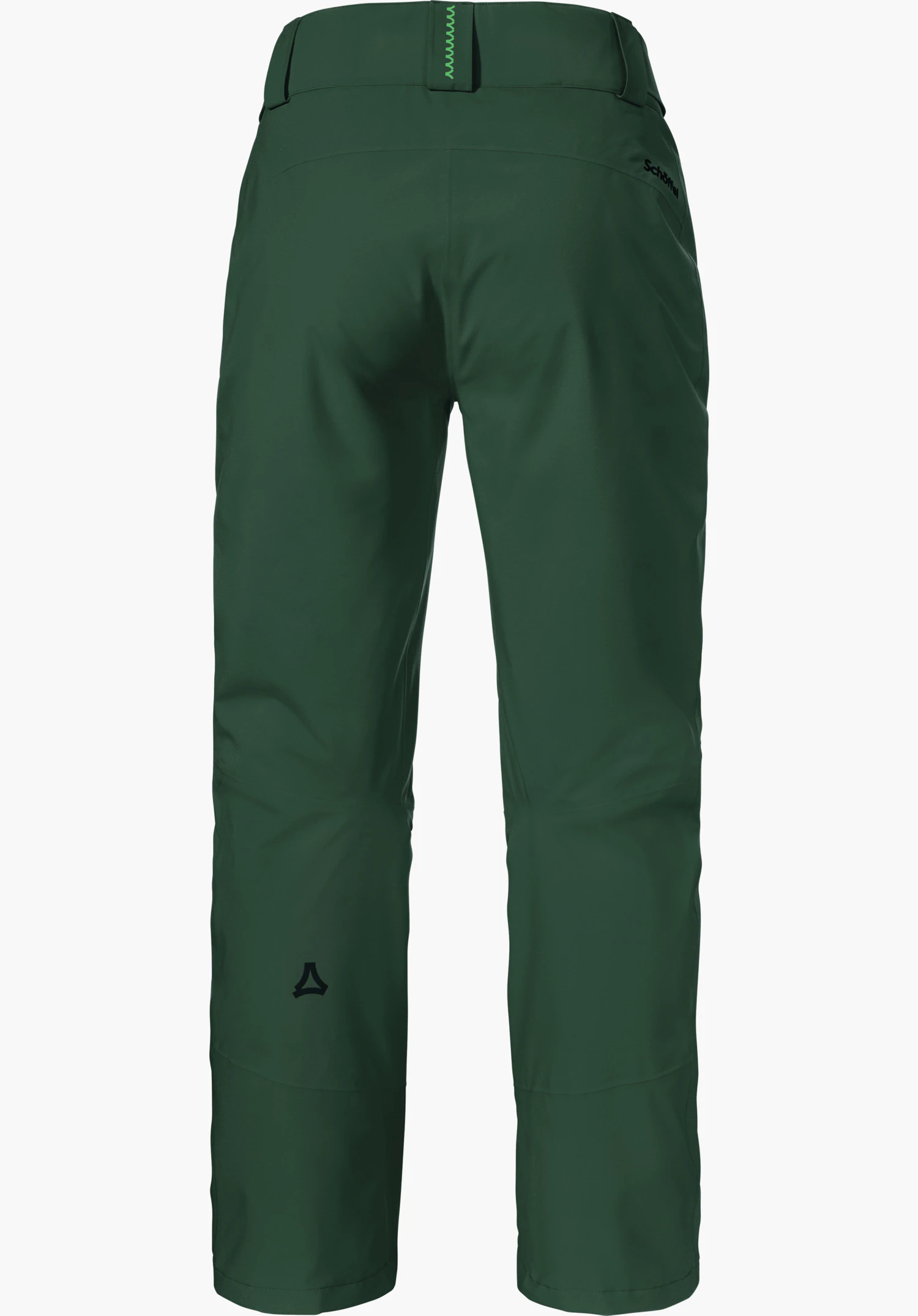 Pants Style Pine WMS Donkergroene skibroek, achteraanzicht; witte achtergrond; zwart Schöffel-logo op onderbeen; zwart opschrift “Schöffel” op de heup.