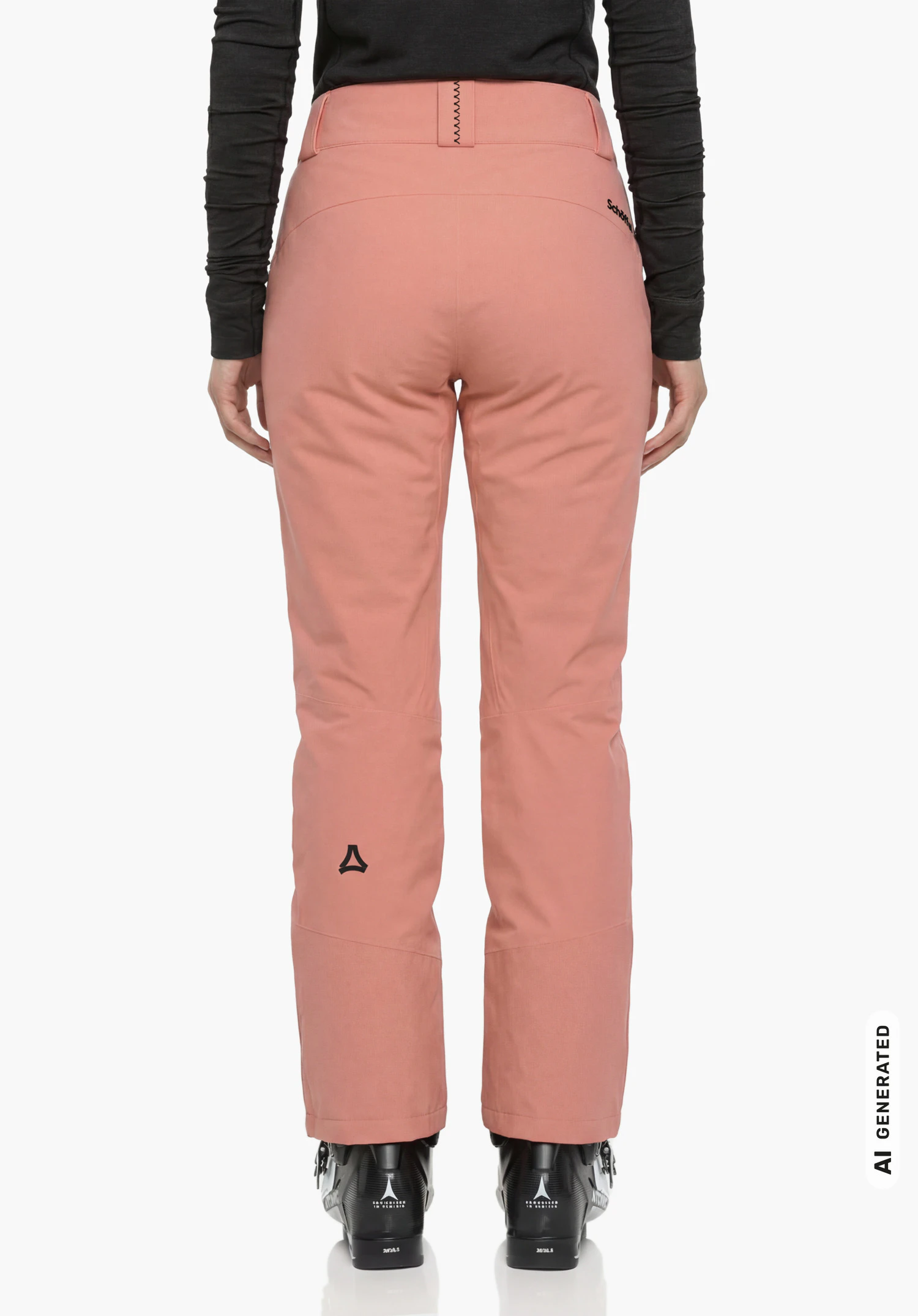 Pants Style Pine WMS in roze met Schöffel-opschrift, gedragen door een vrouwelijk model dat rechtop staat en van achteren wordt getoond tegen een witte achtergrond. (AI-gegenereerd)