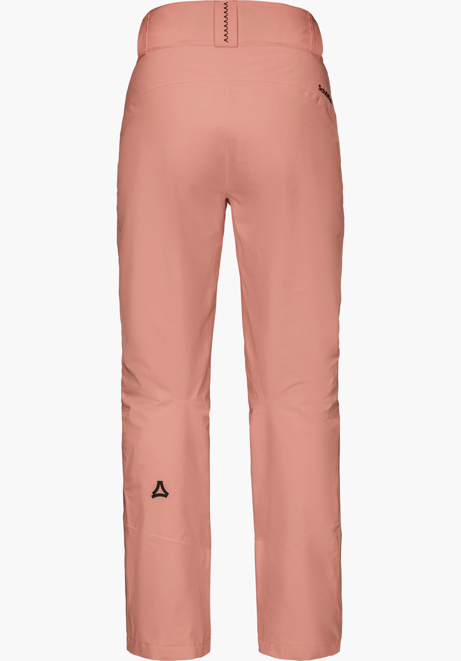 Pants Style Pine WMS skibroek in roze, achteraanzicht met Schöffel-opschrift op de tailleband en Schöffel-logo op het been, vrijstaand tegen een witte achtergrond.