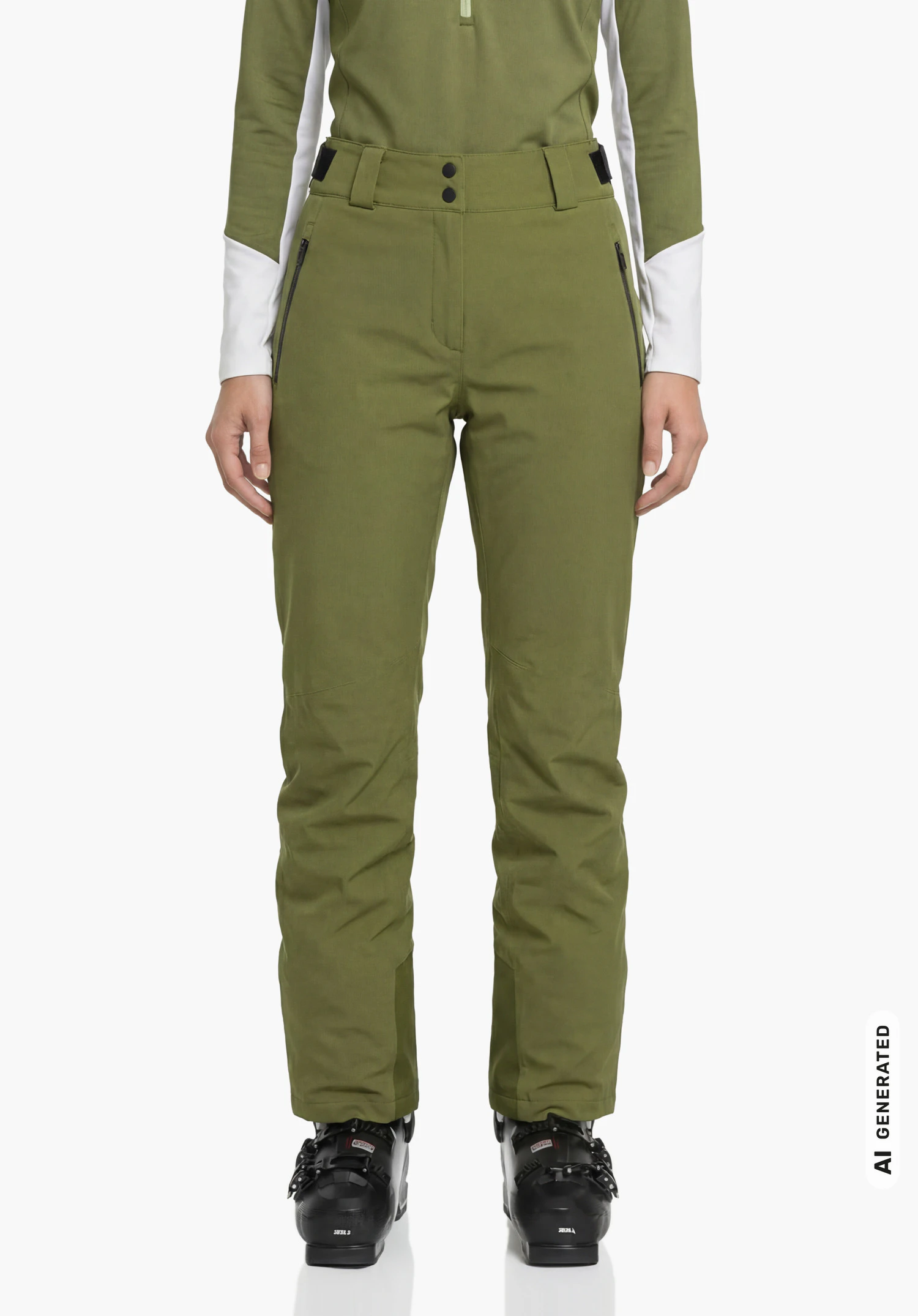 Pants Style Pine WMS in green, worn by a female model shown from the front standing upright with arms hanging down against a white background. (AI-generated)