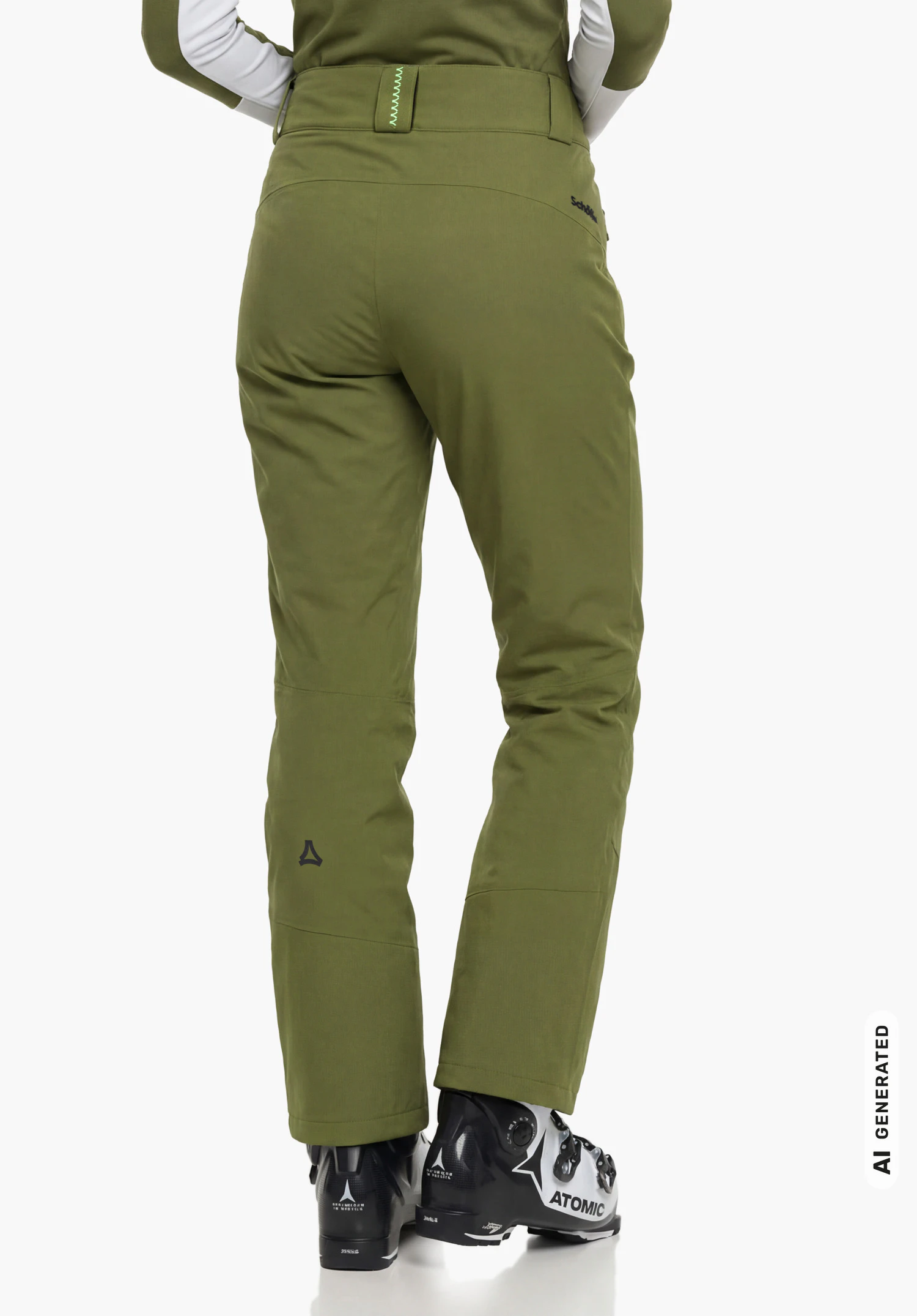 Pants Style Pine WMS in groen, gedragen door een vrouwelijk model dat van achteren wordt getoond met skischoenen en zichtbaar Schöffel-opschrift tegen een witte achtergrond. (AI-gegenereerd)
