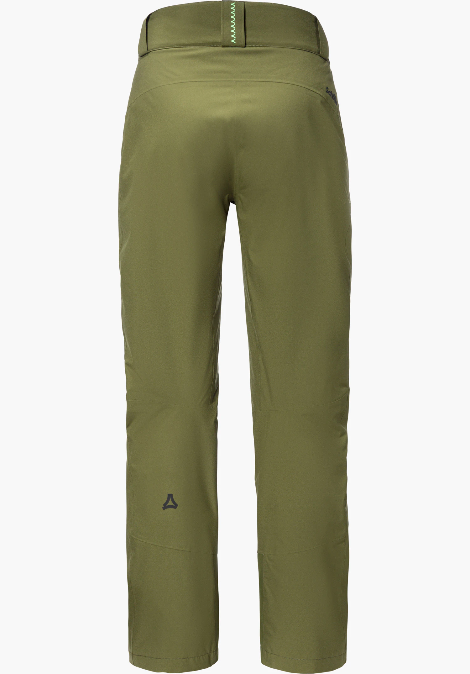 Pants Style Pine WMS skibroek in groen, achteraanzicht met Schöffel-opschrift en Schöffel-logo, vrijstaand tegen een witte achtergrond.