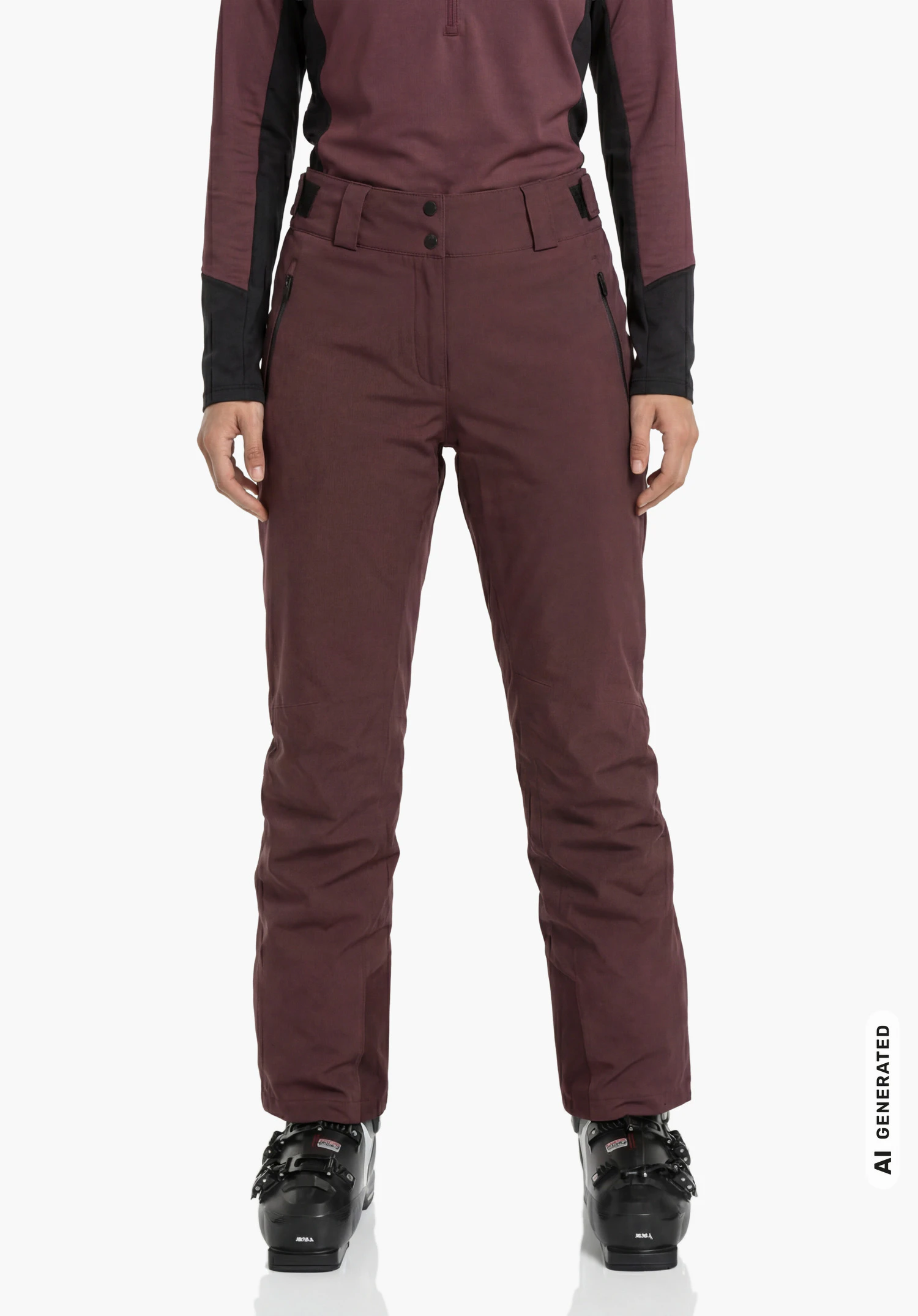 Pants Style Pine WMS en violet, porté par un modèle féminin vu de face avec les bras le long du corps et des chaussures de ski sur fond blanc. (Généré par IA)