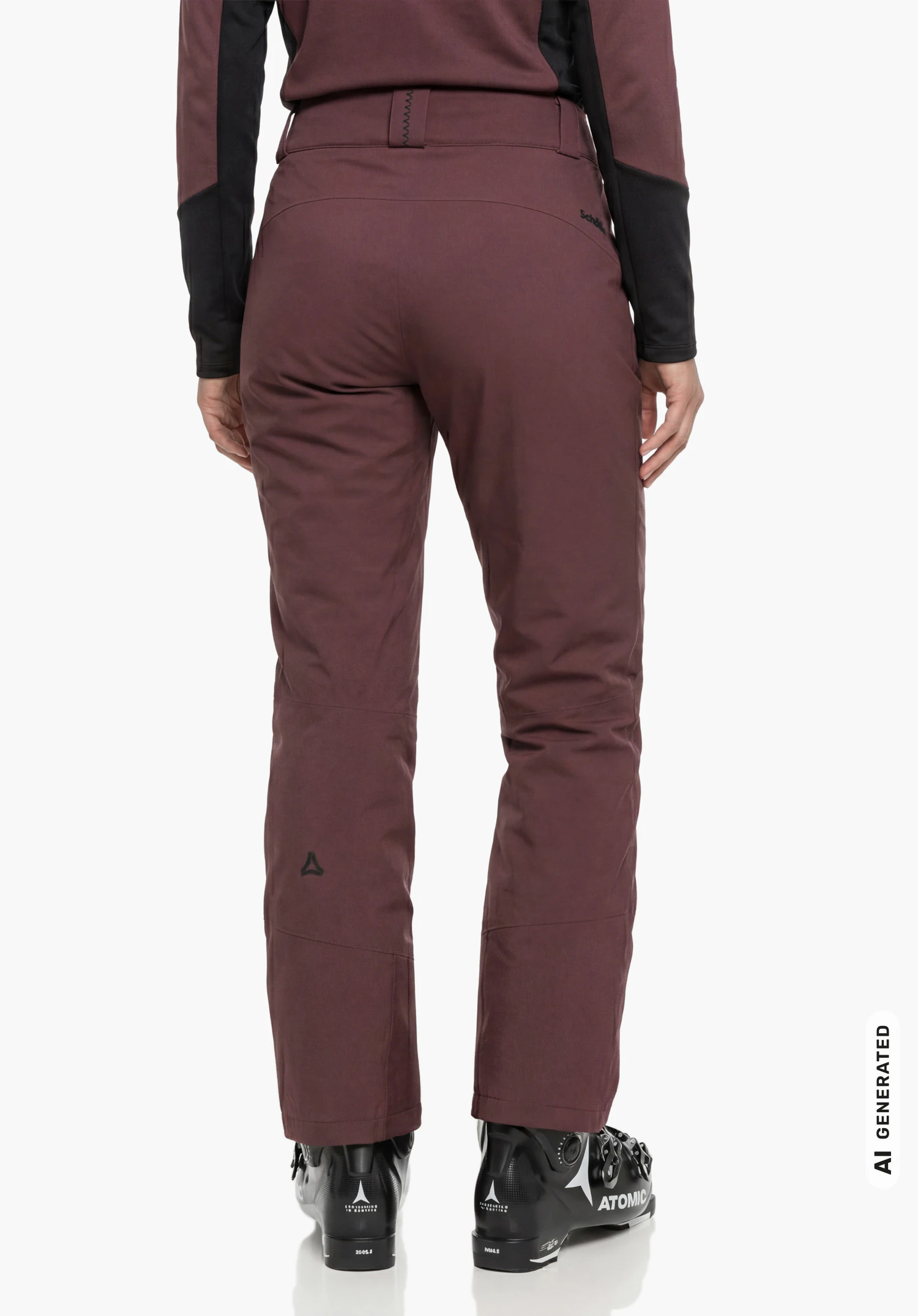 Pants Style Pine WMS in paars met Schöffel-opschrift, gedragen door een vrouwelijk model dat rechtop staat en van achteren wordt getoond met de armen langs het lichaam tegen een witte achtergrond. (AI-gegenereerd)