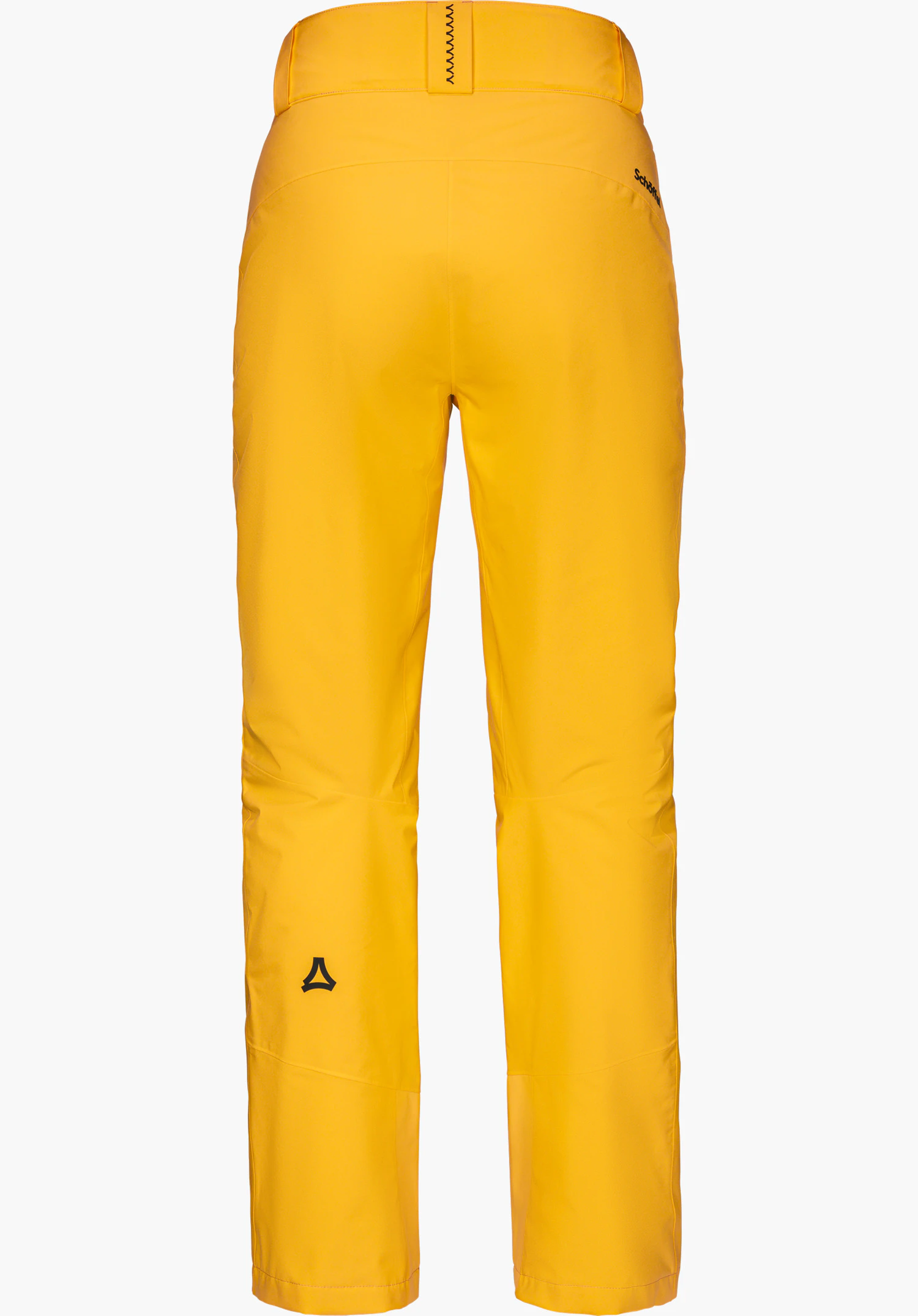 Pants Style Pine WMS skibroek in geel, achteraanzicht met Schöffel-opschrift rechtsboven en Schöffel-logo onderaan op het linkerbeen, vrijstaand tegen een witte achtergrond.