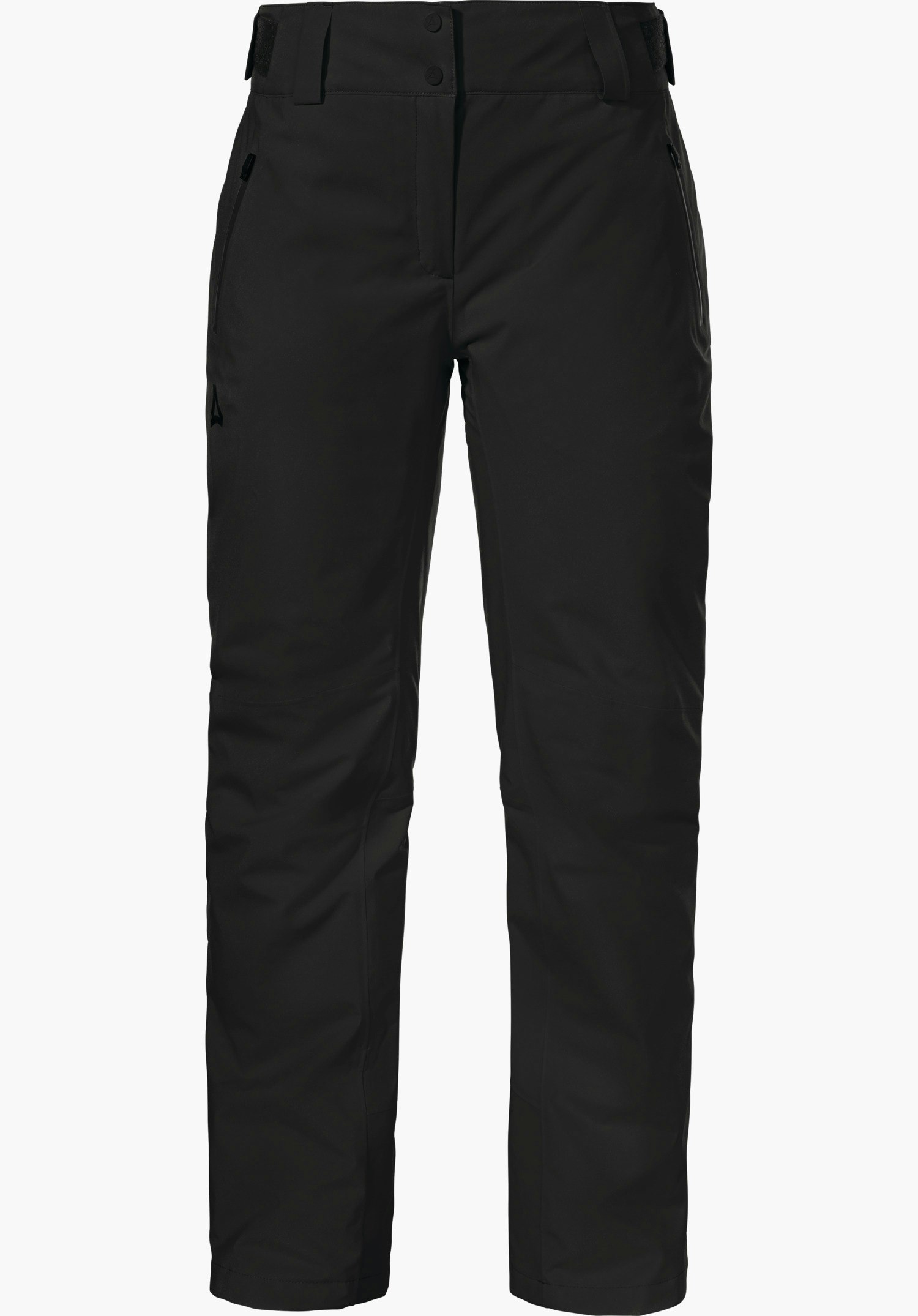 Pants Style Pine WMS pantalon de ski noir, présenté de face, avec poches zippées et ceinture à boutons-pression; logo Schöffel sur la cuisse gauche; fond blanc.