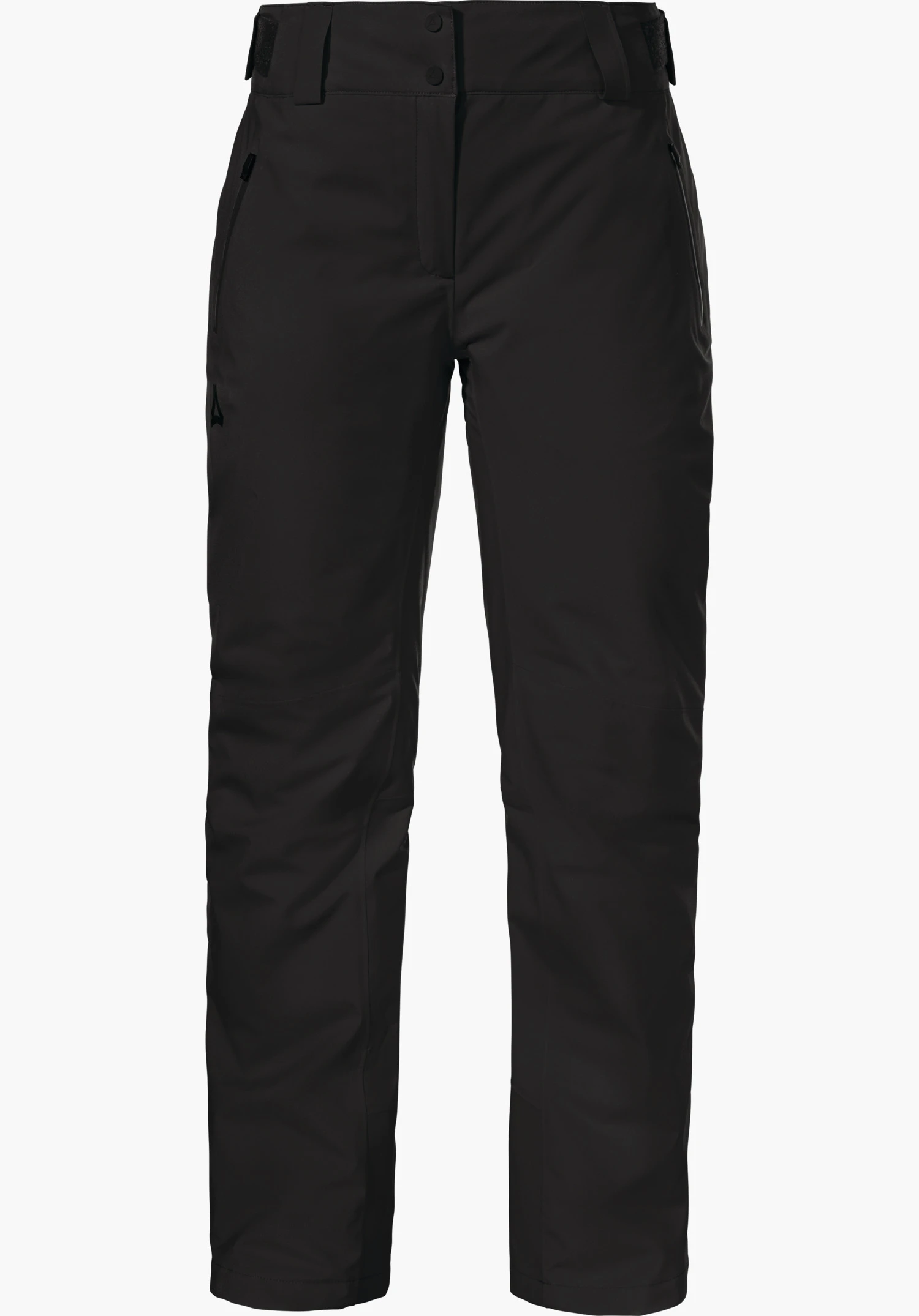 Pants Style Pine WMS Zwarte skibroek, frontaal gepresenteerd, met ritszakken en tailleband met drukknopen; Schöffel-logo links op de dij; witte achtergrond.