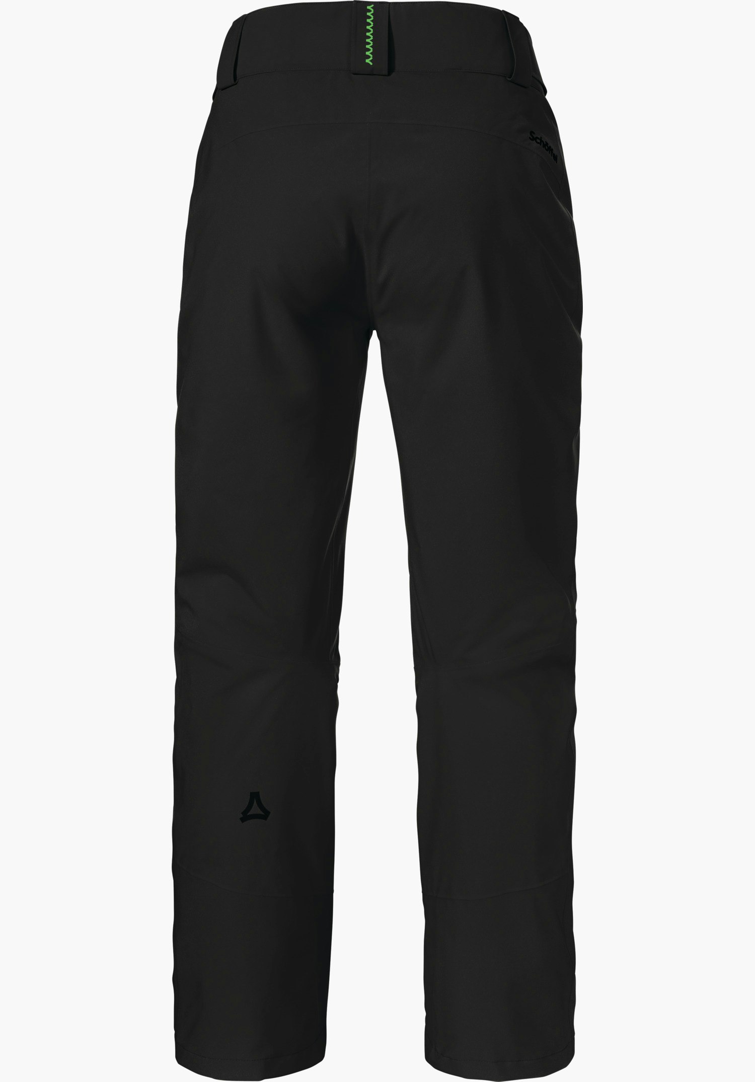Pants Style Pine WMS pantalon de ski noir, vue arrière sur fond blanc; point décoratif vert à la taille; inscription "Schöffel" à la hanche droite; logo Schöffel sur le bas de jambe gauche.