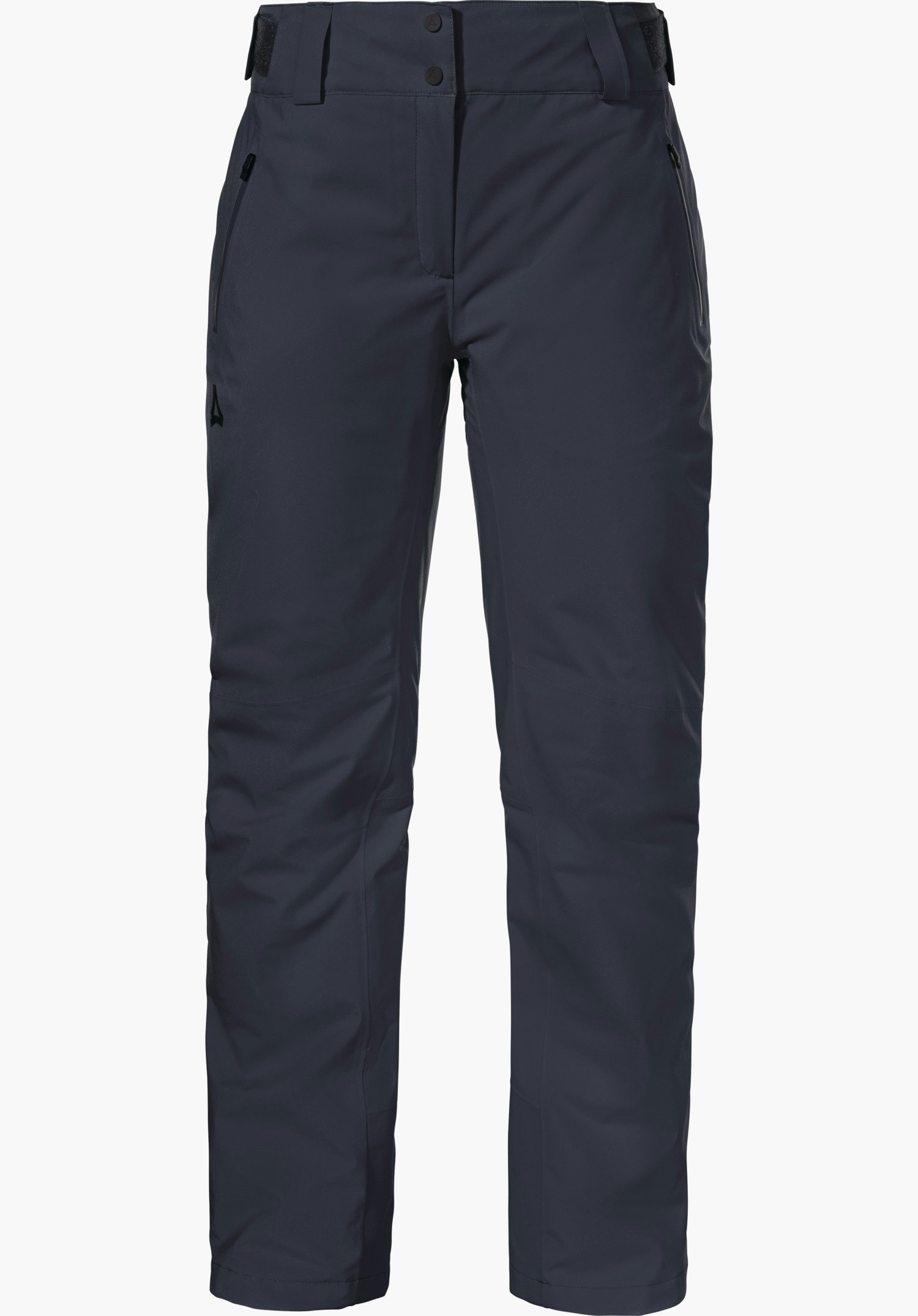 Pants Style Pine WMS pantalon de ski bleu foncé, présenté de face, poches zippées à la taille, ceinture avec boutons-pression et réglage velcro, légèrement rembourré, logo Schöffel sur la cuisse gauche, fond blanc studio.