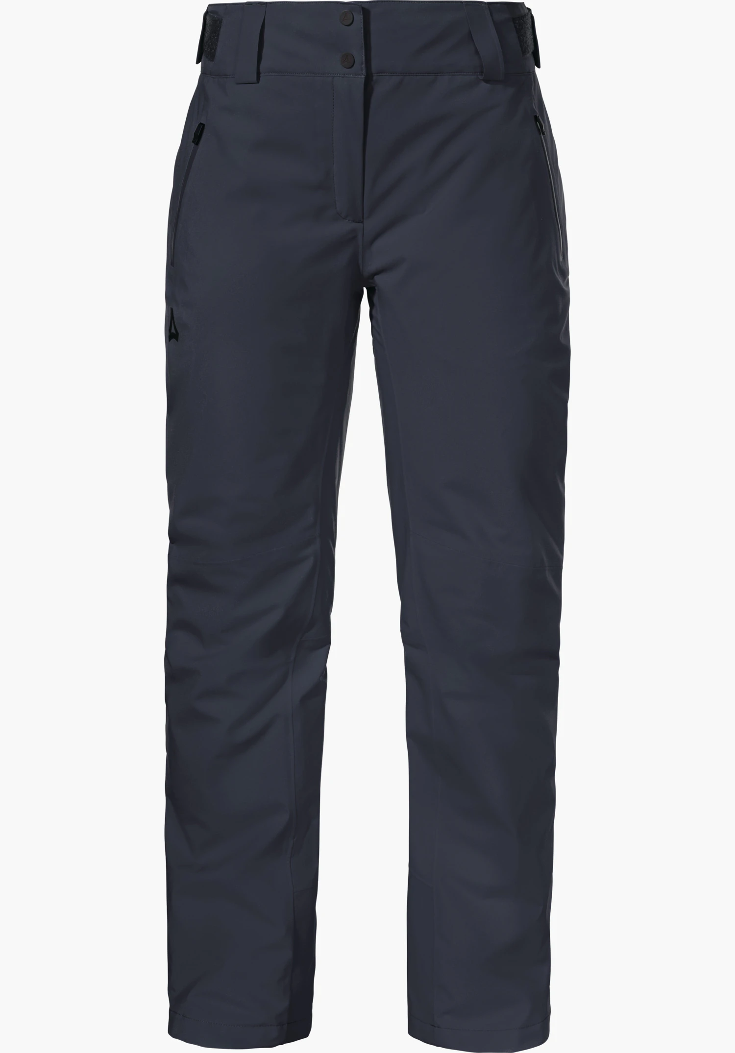 Pants Style Pine WMS Donkerblauwe skibroek, frontaal gepresenteerd, ritszakken aan de heupen, tailleband met drukknopen en klittenbandverstelling, licht gevoerd, Schöffel-logo op de linker dij, witte studioachtergrond.