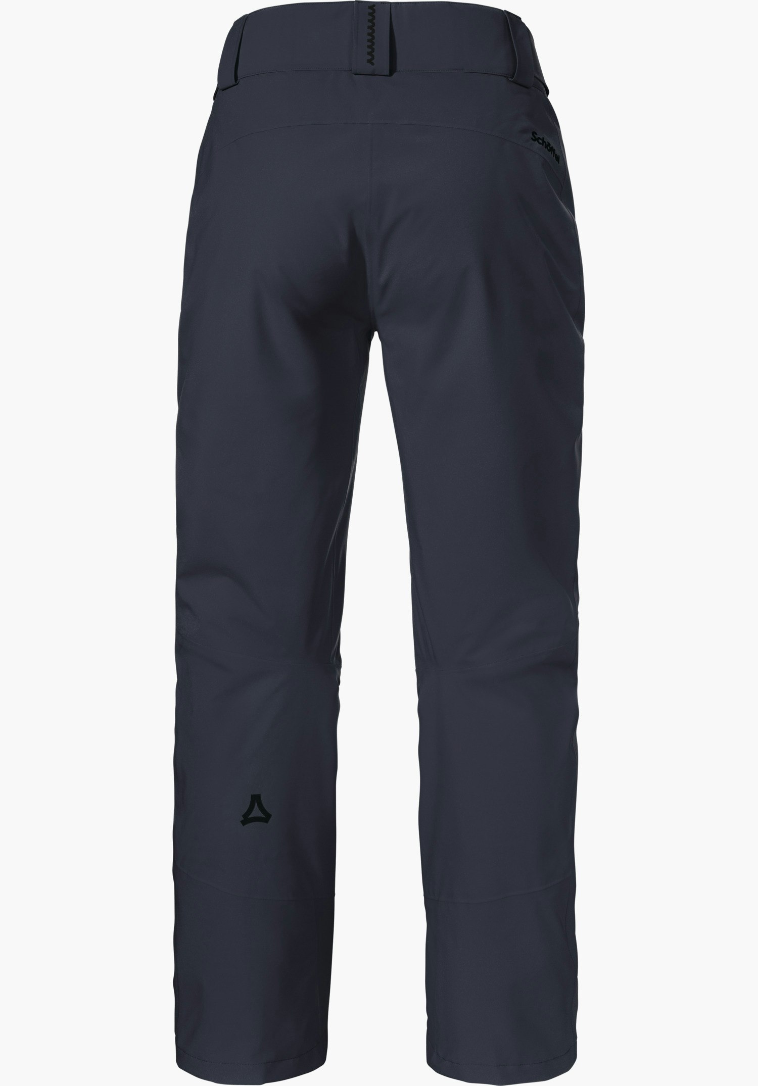 Pants Style Pine WMS pantalon de ski bleu foncé, vue arrière; coupe droite avec passants, logo Schöffel sur le bas de jambe et texte "Schöffel" à la hanche; fond blanc.