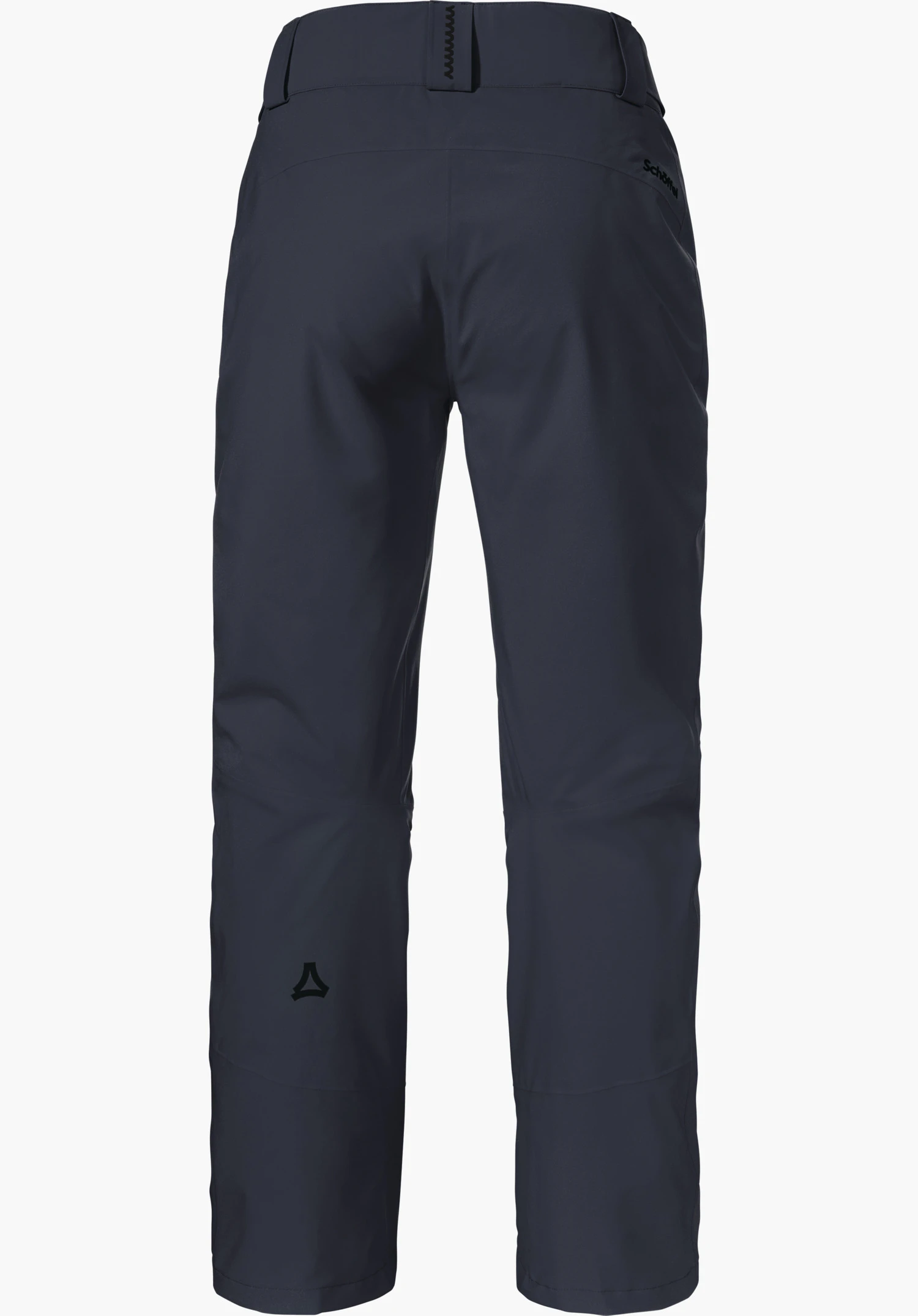 Pants Style Pine WMS Skibroek, donkerblauw, achteraanzicht; rechte snit met riemlussen; Schöffel-logo op onderbeen en tekst “Schöffel” op de heup; witte achtergrond.