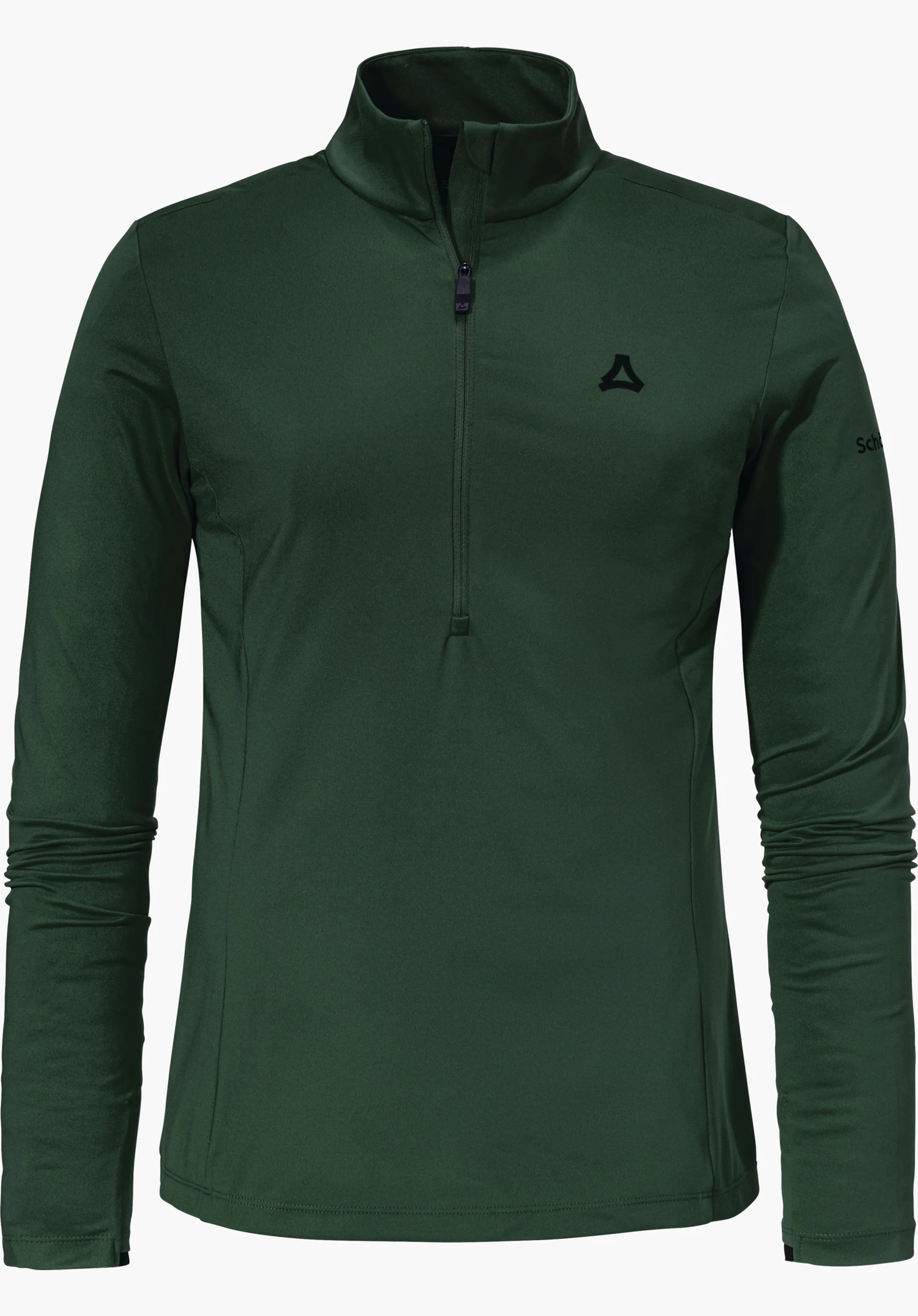 Longsleeve Style Pine WMS dark green long-sleeve half-zip pullover, zip closed, isolated on a white background; Schöffel logo on chest; sleeve text: “Schöffel”.